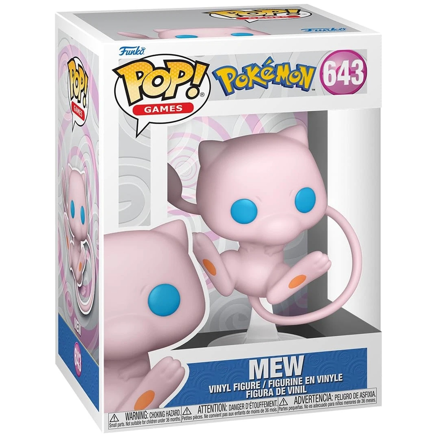 Figurine Funko Pop! rose de Mew aux yeux bleus dans une boîte.