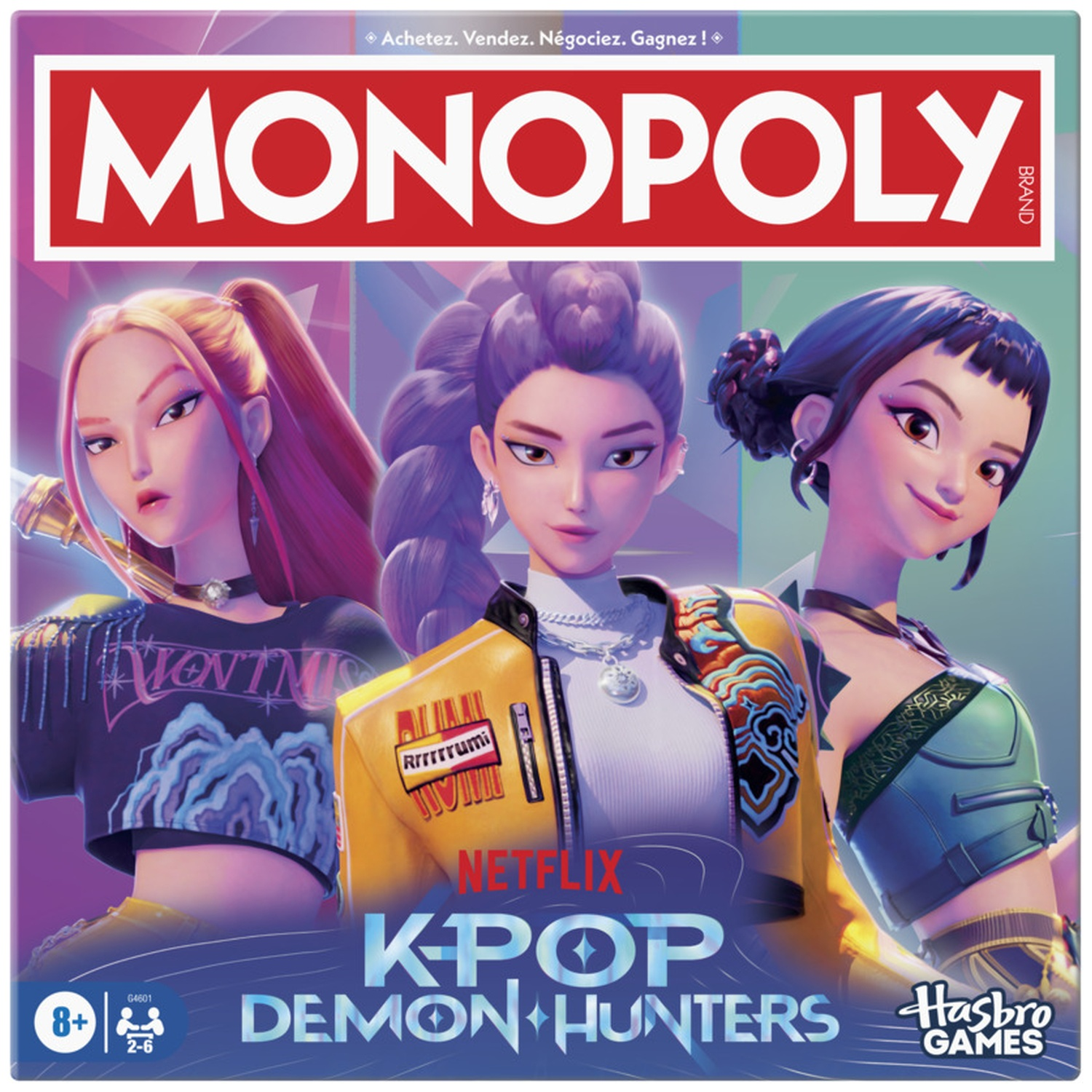 Monopoly K-Pop Demon Hunters bordspel met drie geanimeerde K-pop artiesten.