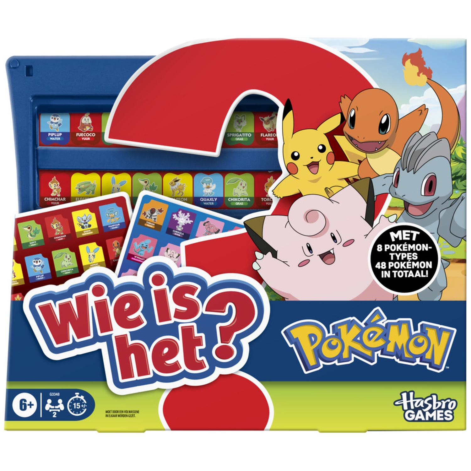 Pokémon "Wie is het?" spel met Pikachu, Charmander en Machop figuren.