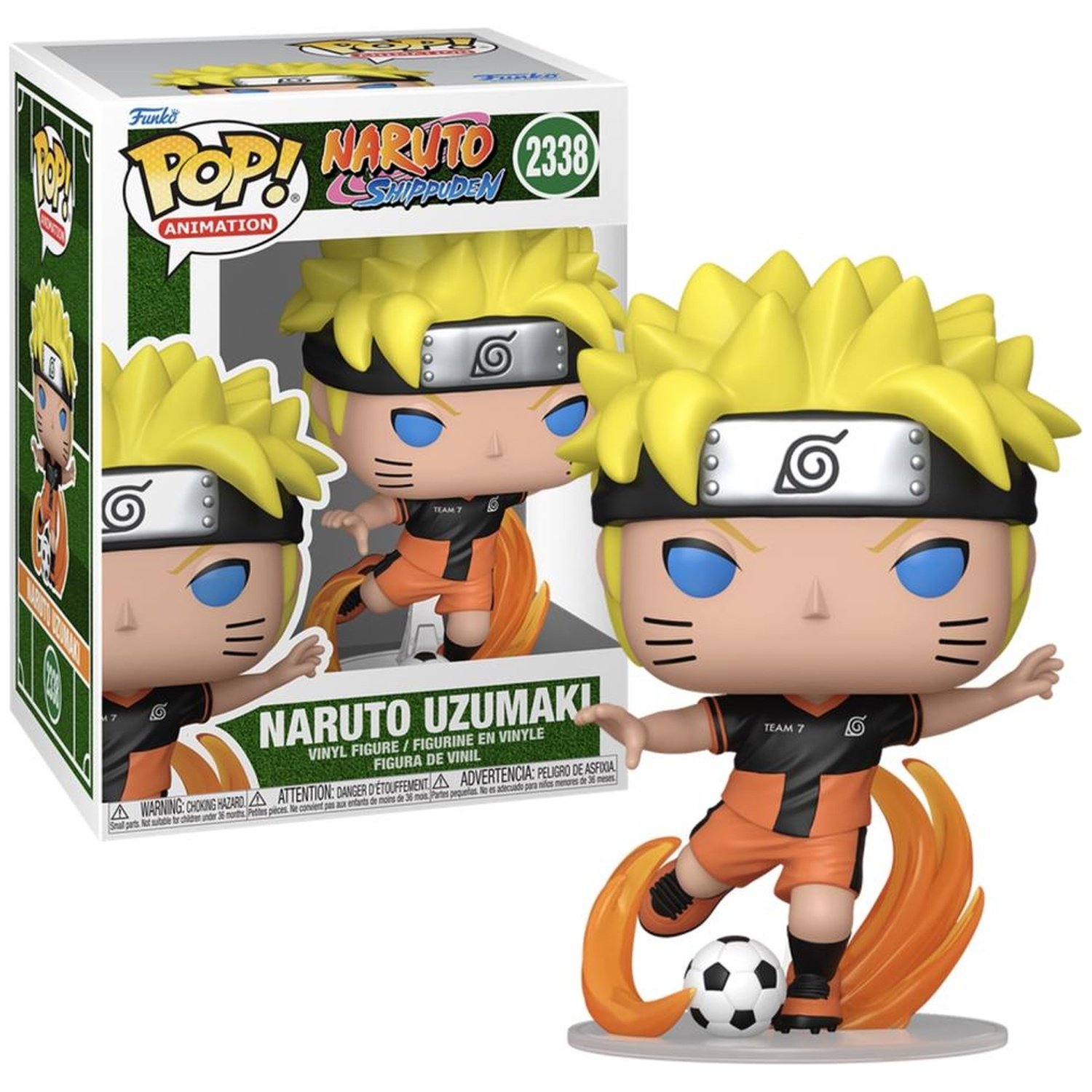 Figurine vinyle Funko Pop Naruto Uzumaki en uniforme de foot avec ballon.