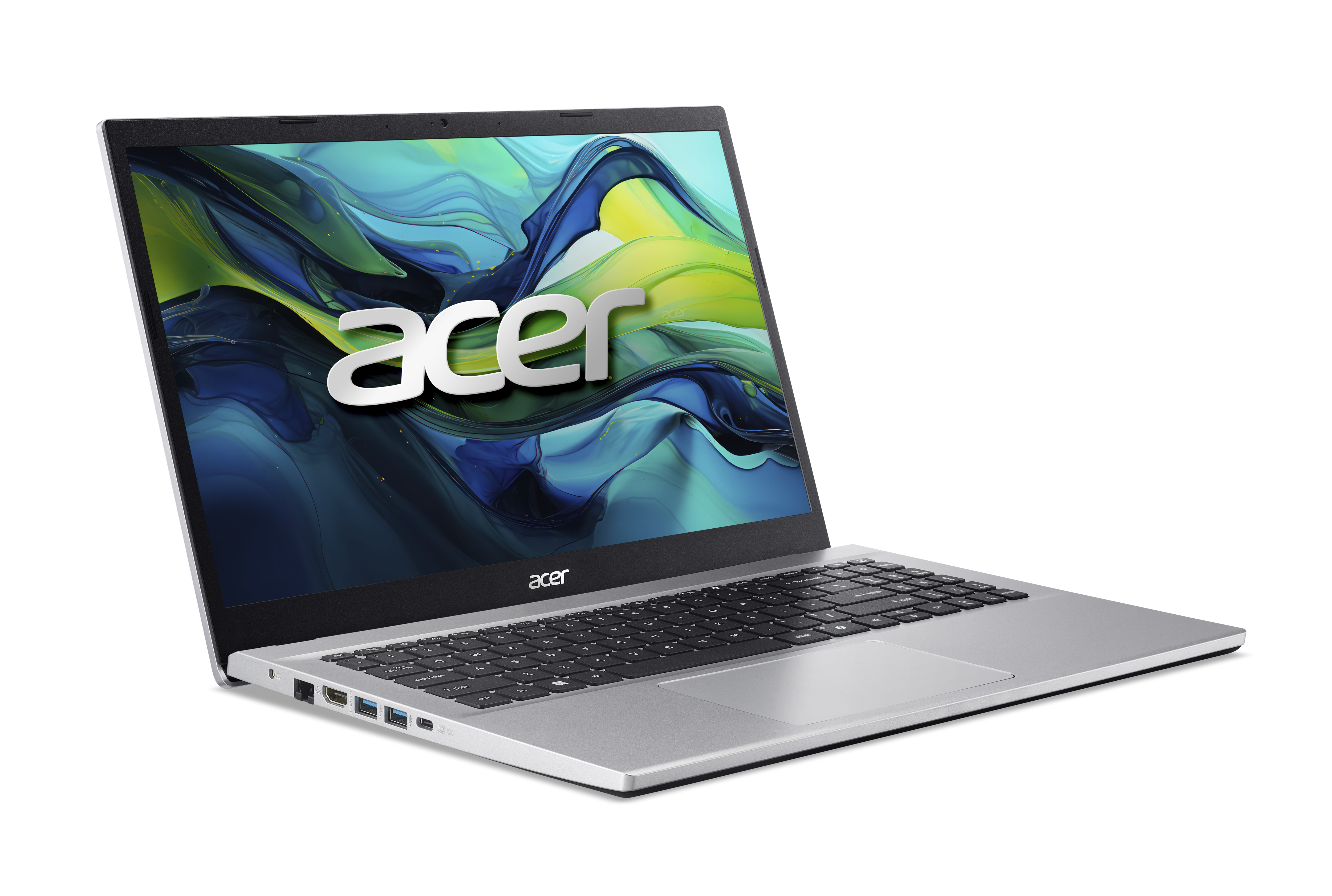 Ein silberner Acer Laptop mit einem abstrakten Desktop-Hintergrund auf dem Bildschirm.