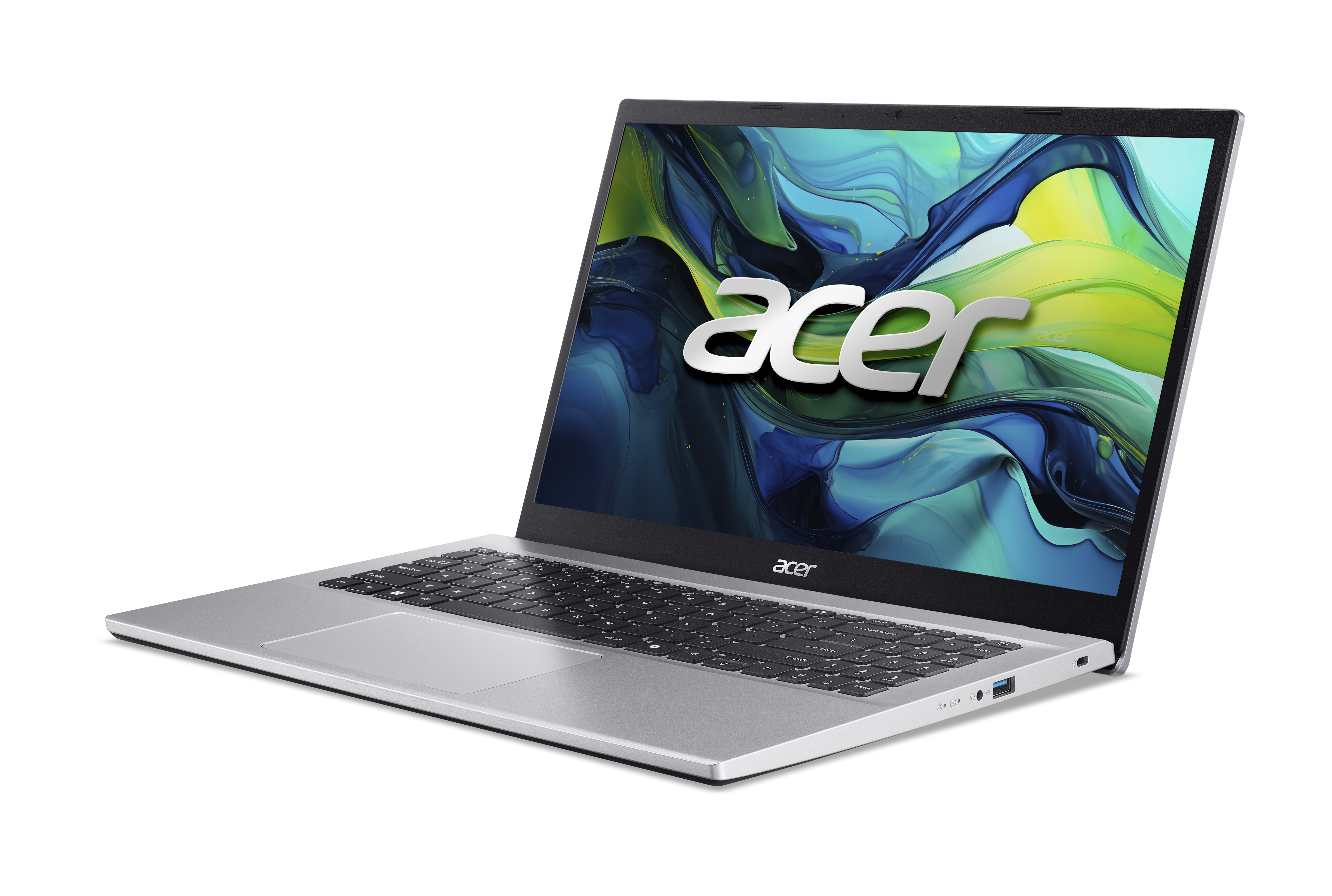 Ein silberner Acer Laptop mit einem bunten Hintergrund auf dem Bildschirm.