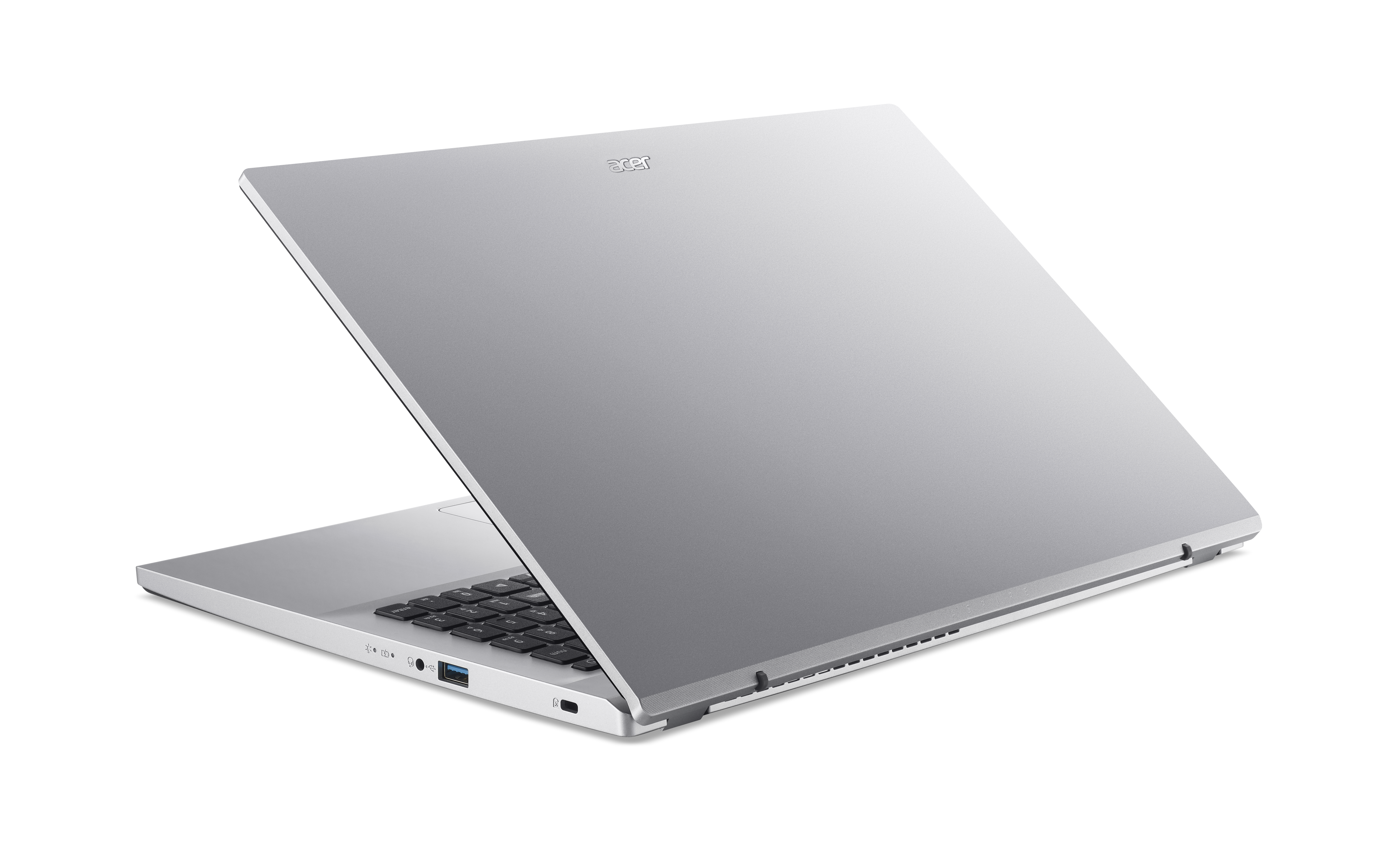 Ein silberner Acer Laptop mit geöffnetem Deckel auf schwarzem Hintergrund.