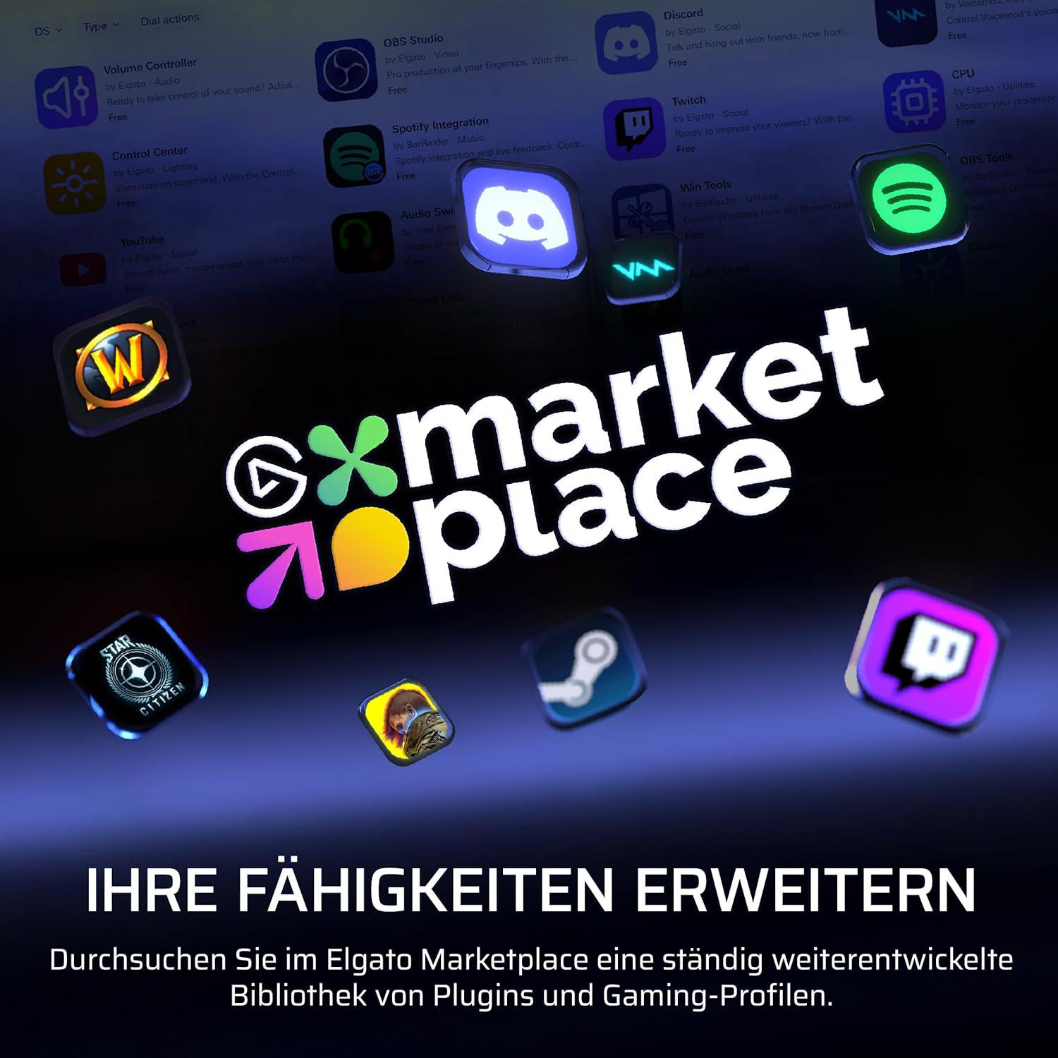 Elgato Marketplace mit App-Icons wie OBS, Spotify, Twitch und Discord.