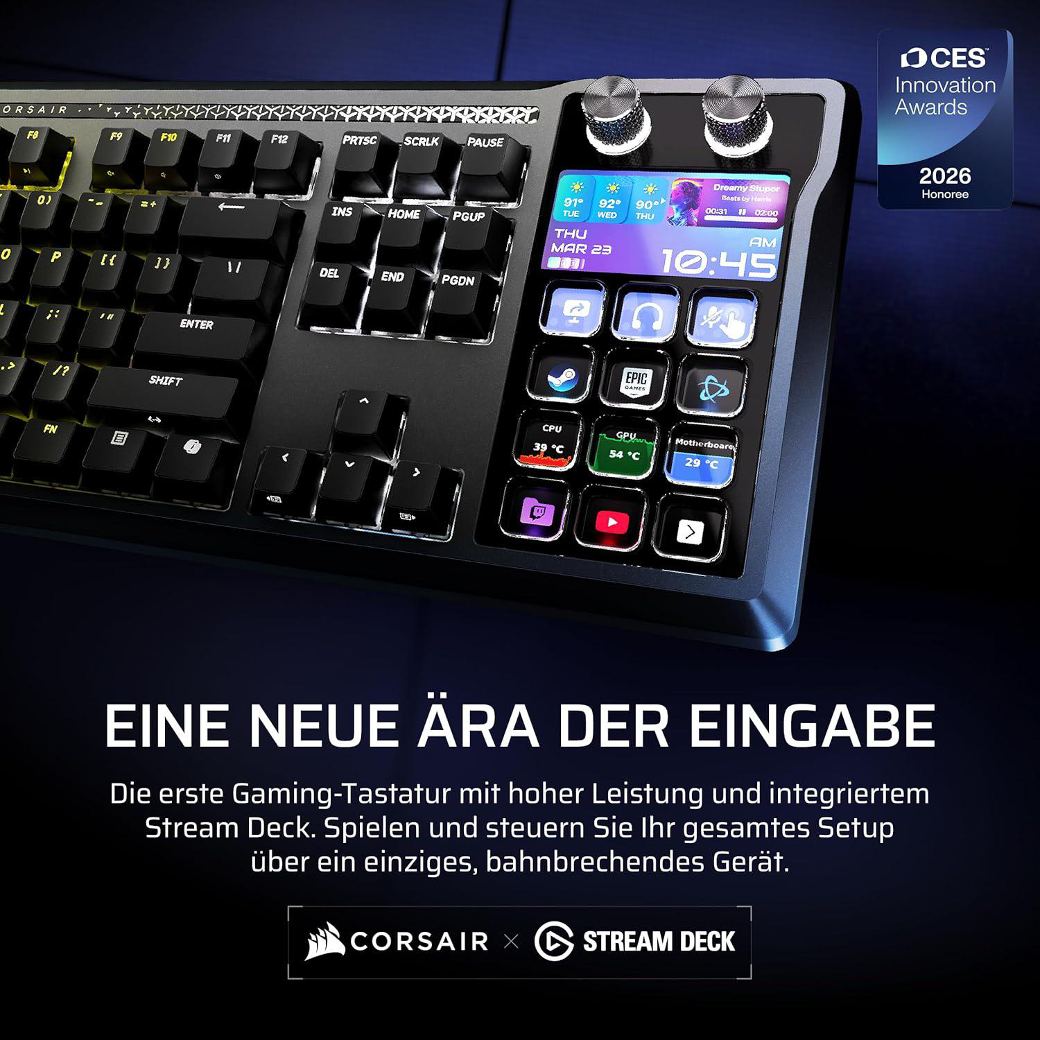 Eine Gaming-Tastatur mit integriertem Stream Deck und LCD-Bildschirm.