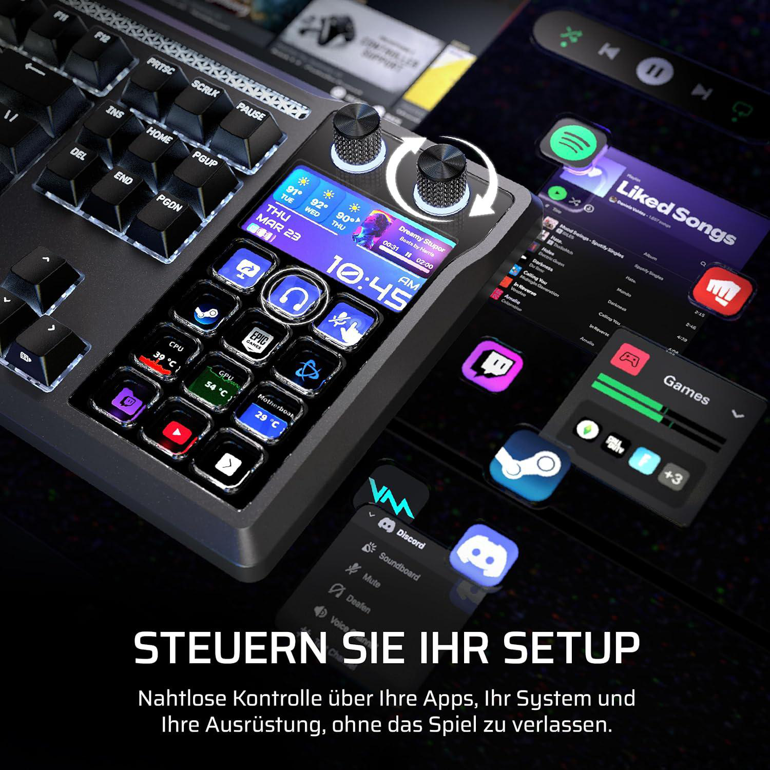 Ein programmierbares Keyboard mit kleinem Bildschirm, das Apps und Systemdaten anzeigt.