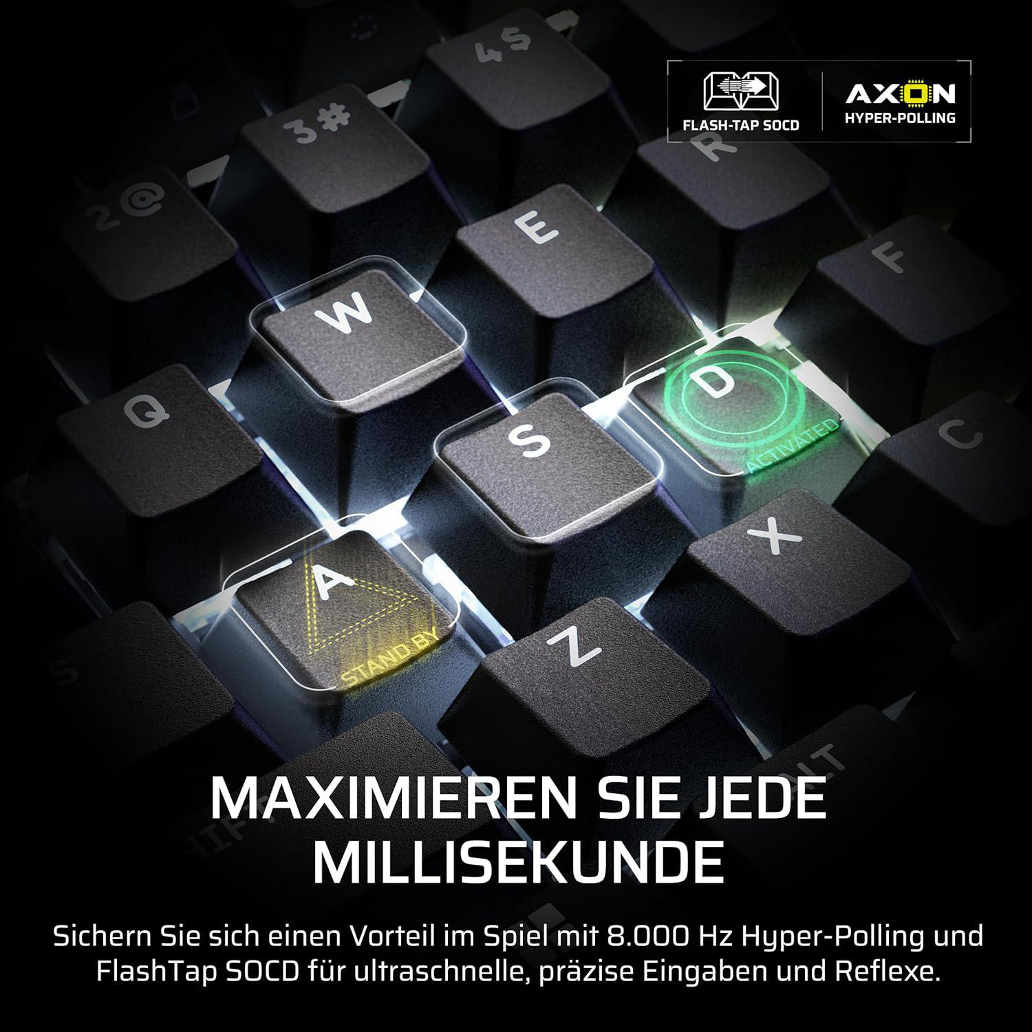 Eine Nahaufnahme einer Tastatur mit beleuchteten Tasten, darunter 'A', 'S', 'D', 'W', 'E', 'F'.