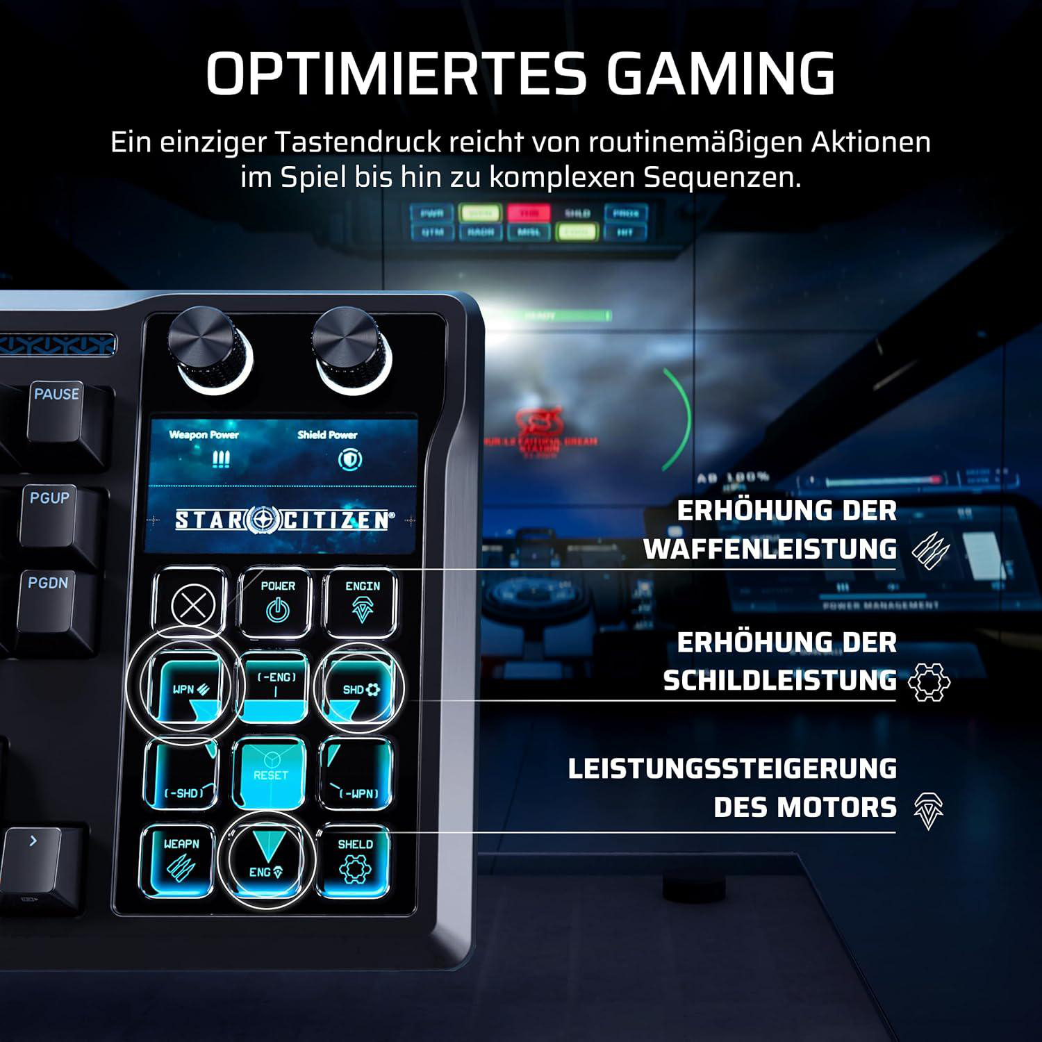Ein beleuchtetes Gaming-Keyboard zeigt das Spiel Star Citizen mit Leistungseinstellungen.