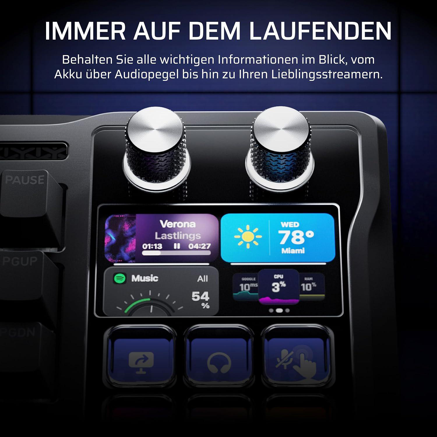 Ein schwarzes Bedienfeld mit zwei Drehknöpfen und einem Touchscreen, der Musik, Wetter und Systeminfos anzeigt.