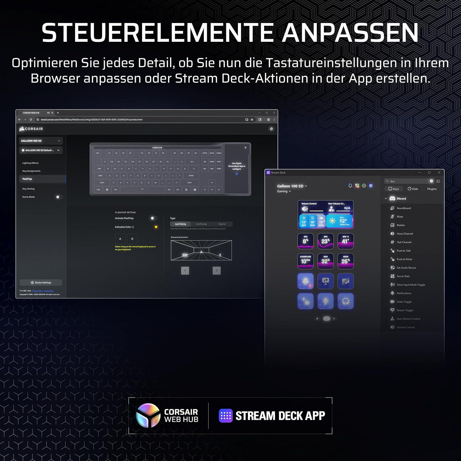 Corsair Web Hub und Stream Deck App zeigen Tastatur- und Systeminformationen an.
