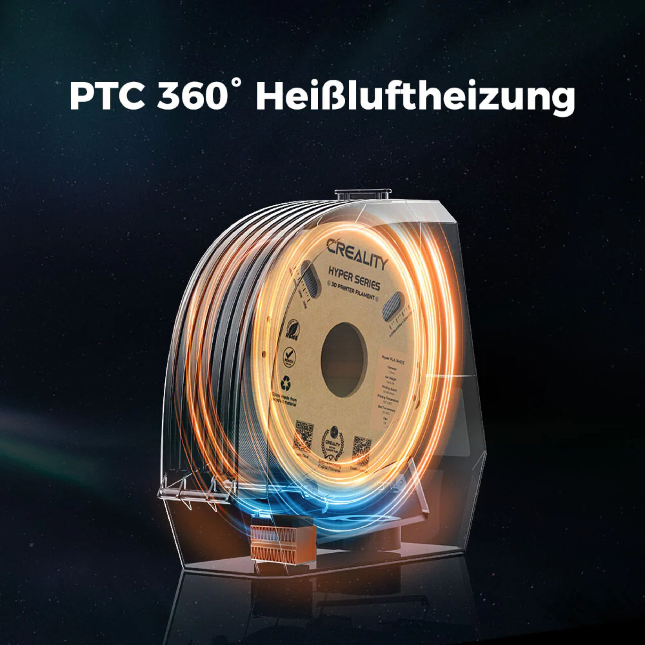 Ein PTC 360° Heizgerät mit einer Spule aus 3D-Druckerfilament