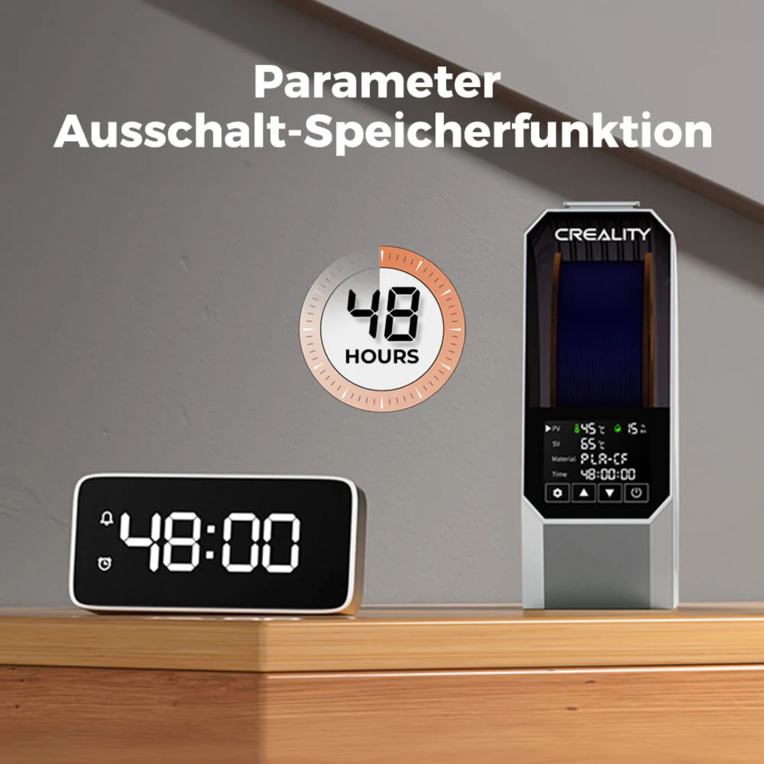 Ein digitaler Wecker und ein CREALITY-Gerät zeigen 48 Stunden an.