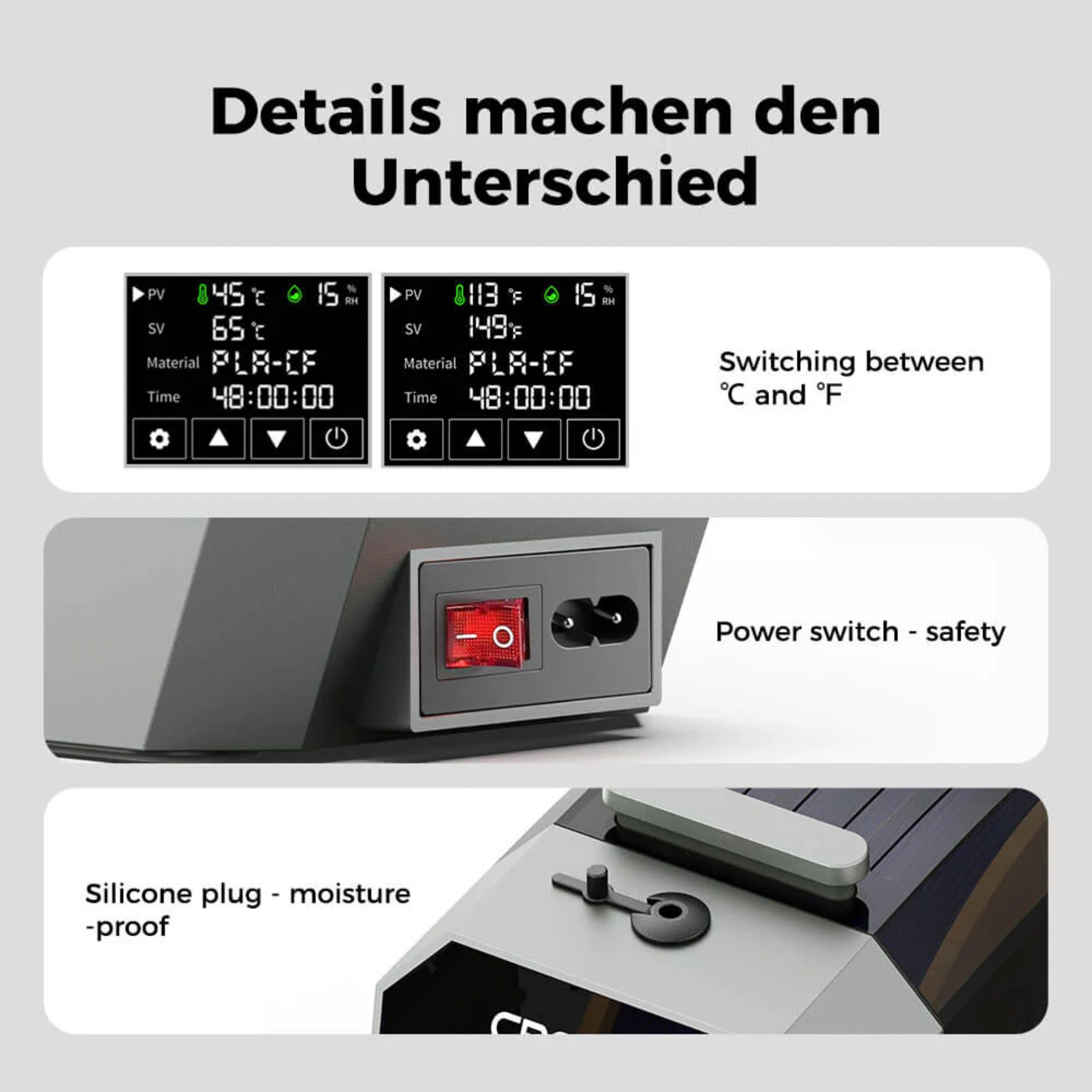 Zwei Displays zeigen Temperatur & Zeit. Ein roter Schalter und ein Stecker.