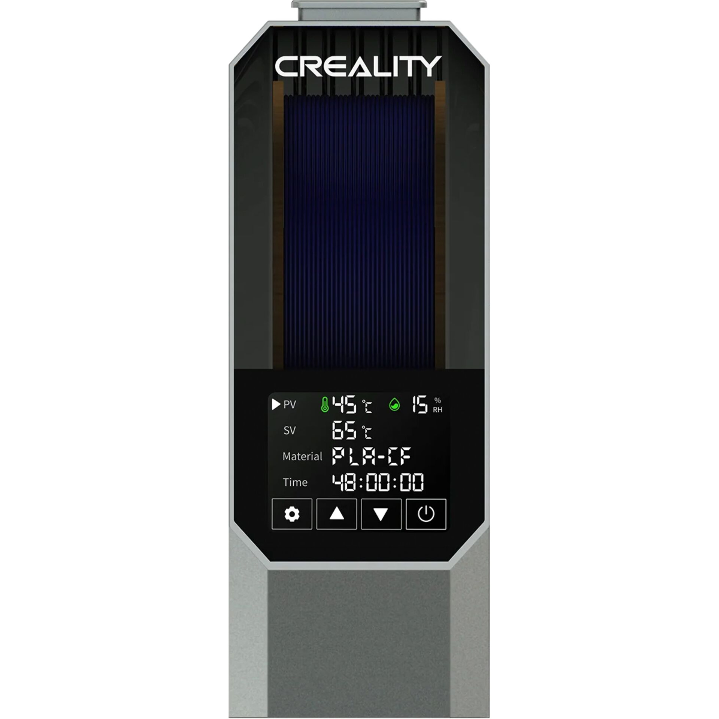 Creality-Gerät mit digitalem Display zeigt Temperatur, Material und Zeit an.
