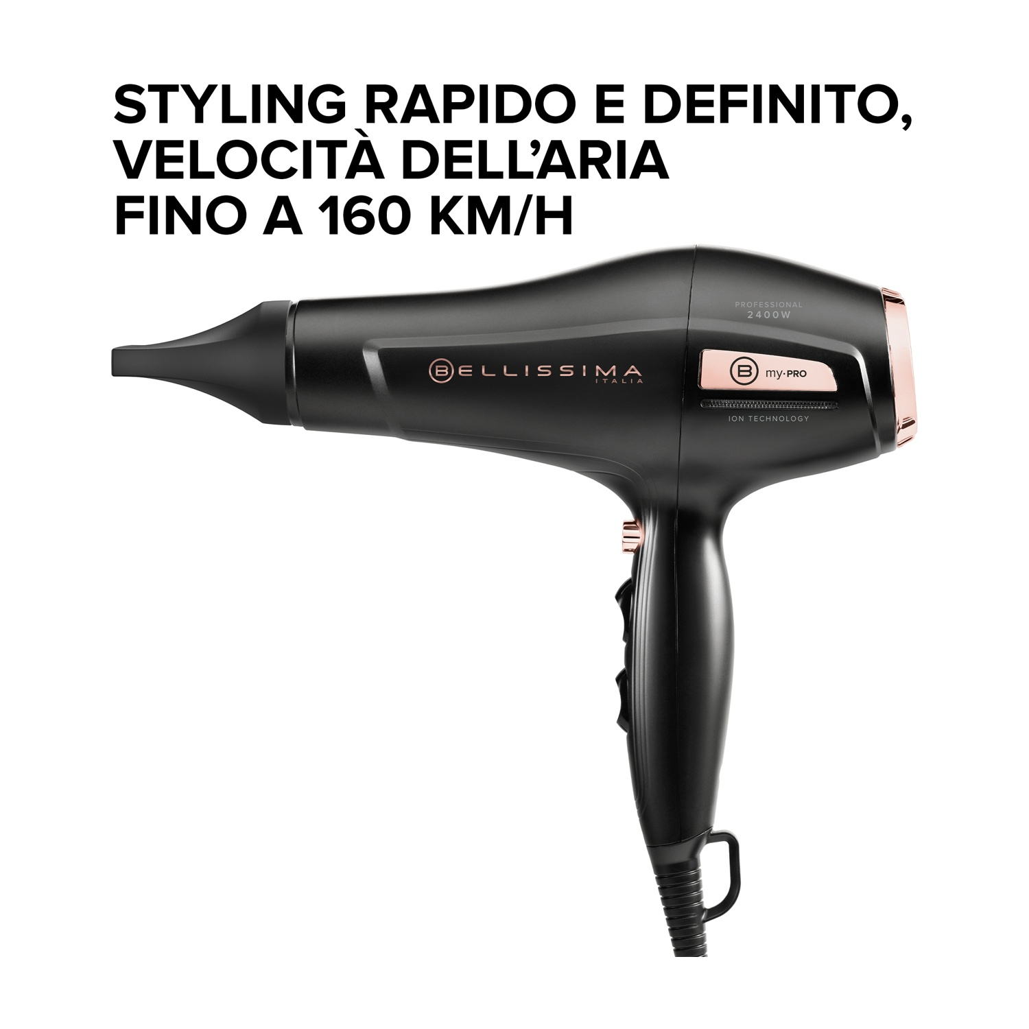 Asciugacapelli nero con dettagli oro rosa e testo in italiano. Professionale 2400W.