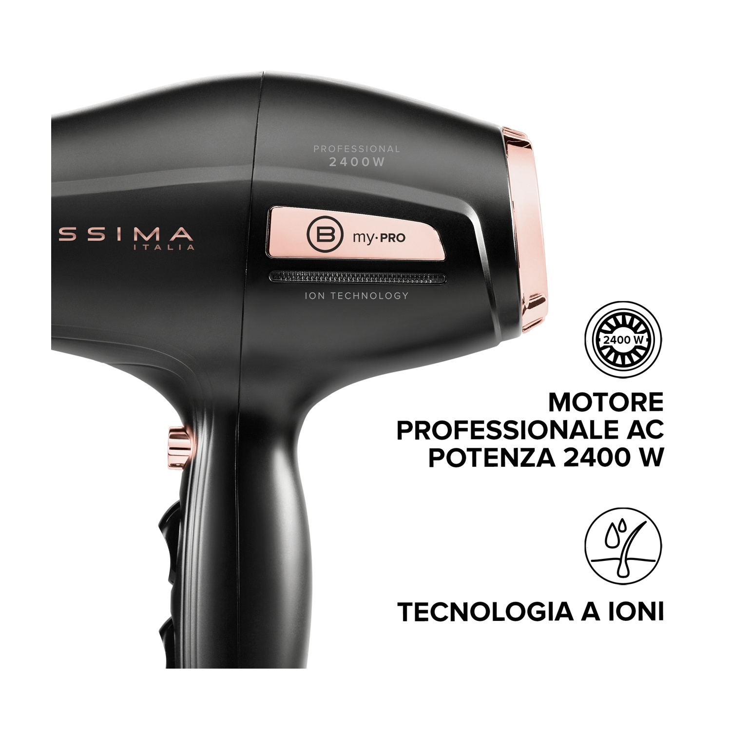 Asciugacapelli nero con accenti oro rosa, 2400W, motore AC, tecnologia ionica.
