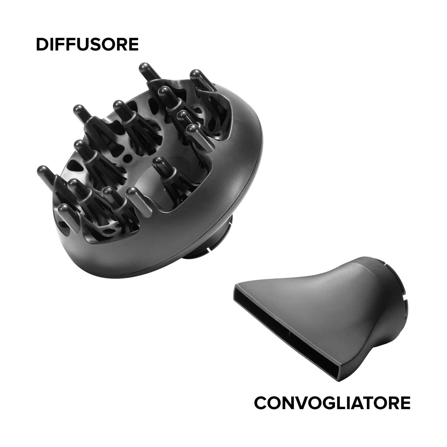 Un diffusore nero per asciugacapelli e un ugello nero concentratore.