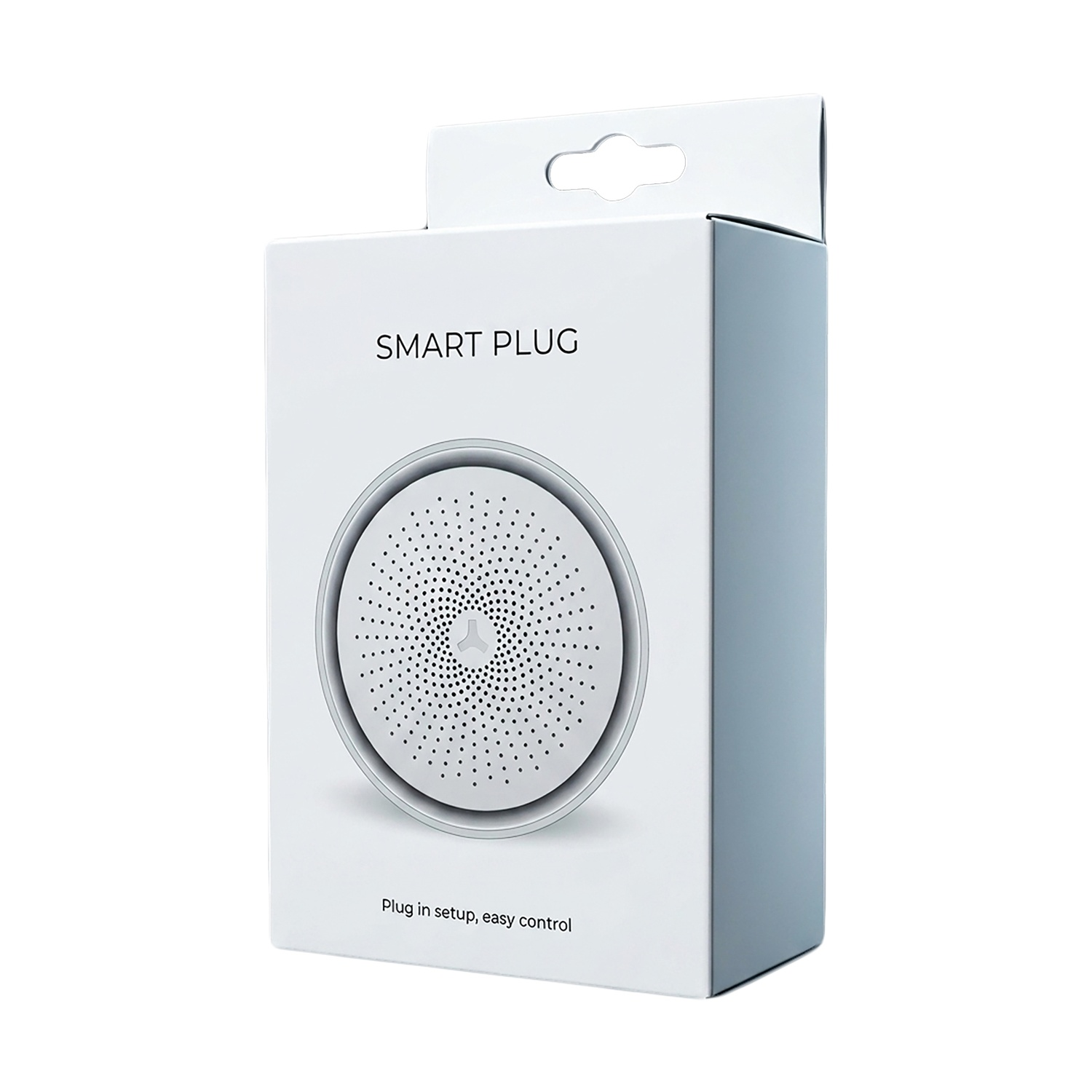 Confezione bianca per smart plug con design traforato e testo.