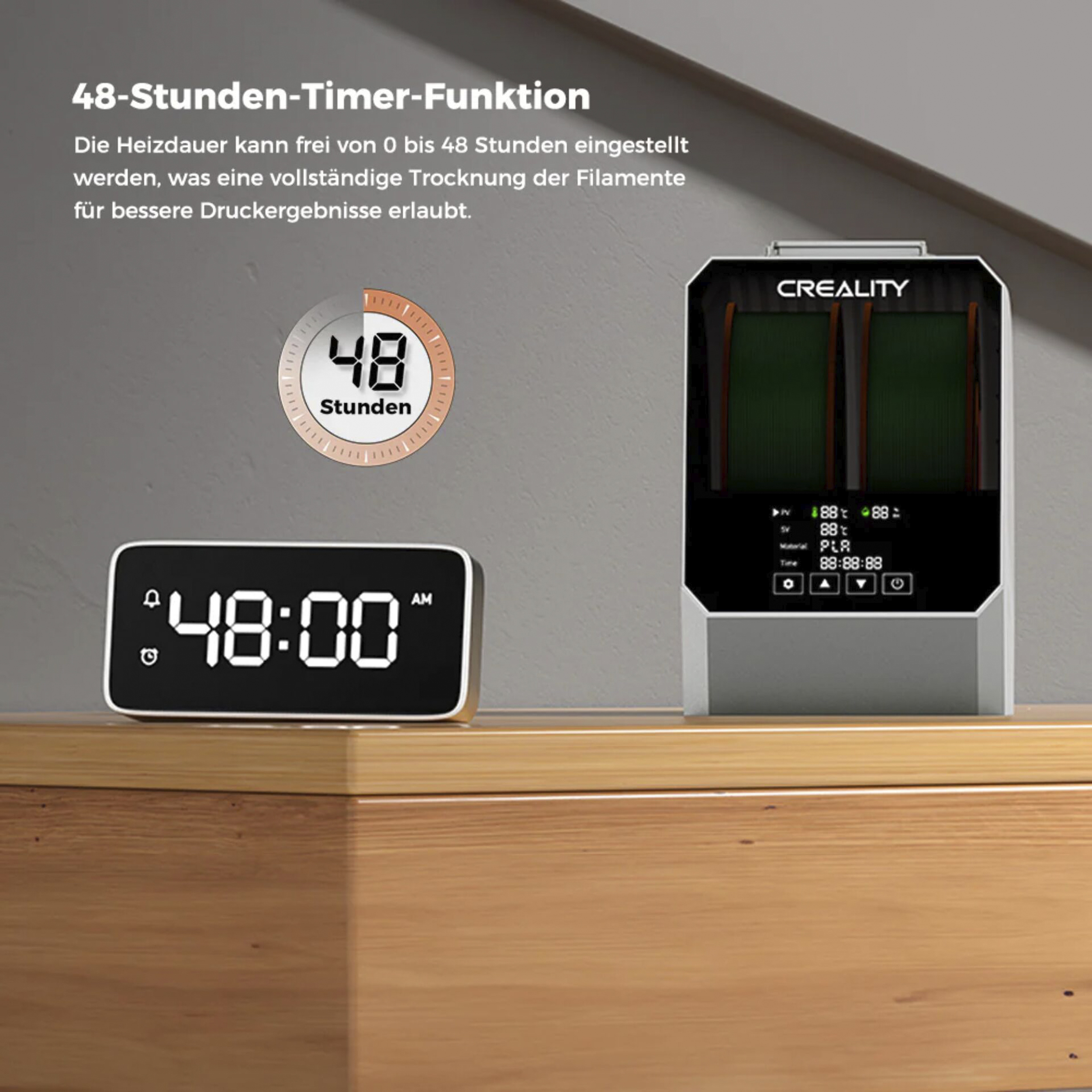 Ein digitaler Timer zeigt 48:00 an, daneben ein Creality-Gerät.