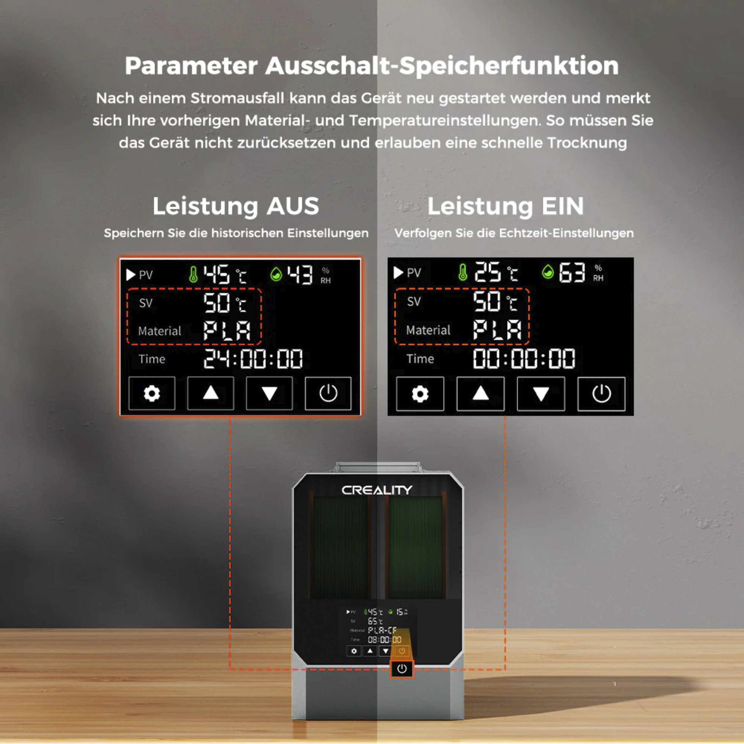 Zwei Displays zeigen Einstellungen für Leistung AUS und EIN. Ein Creality Gerät.