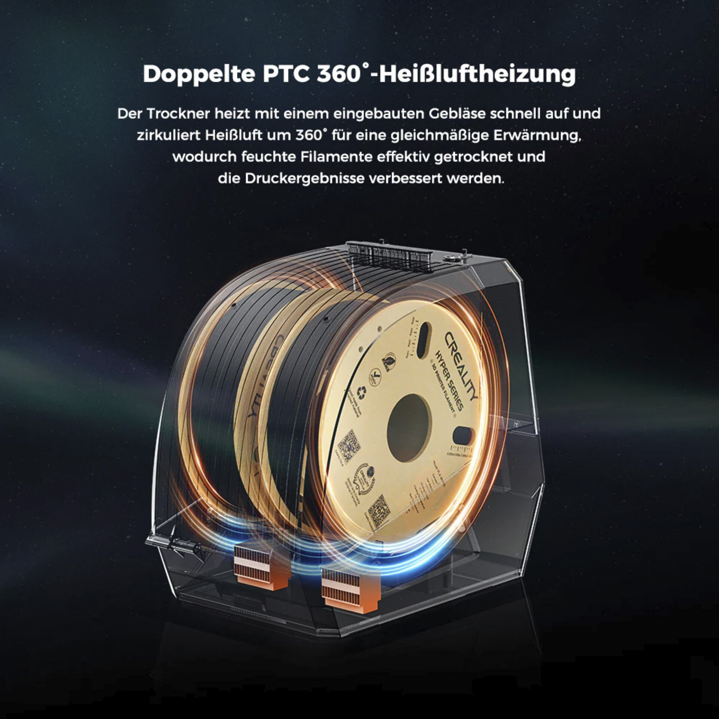 Ein 3D-Druckerfilament-Trockner mit einem transparenten Gehäuse und goldenem Filament.
