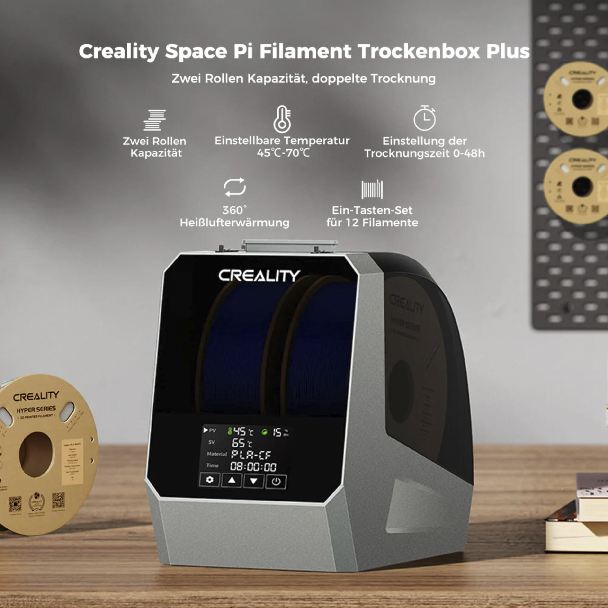 Creality Trockenbox für 2 Filamentrollen mit Display, rechts eine Rolle Filament.