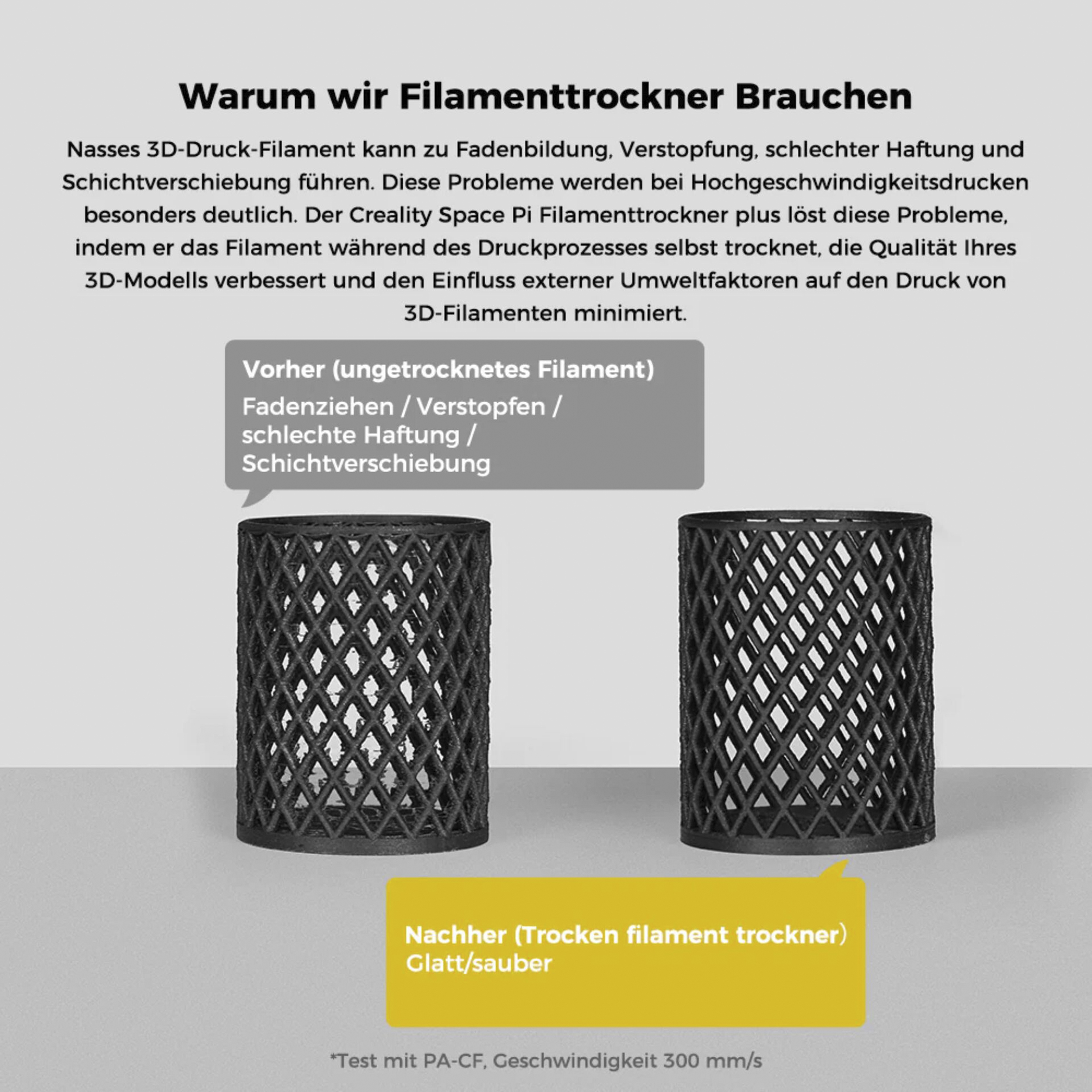 Zwei schwarze 3D-Druck-Filamentrollen nebeneinander, eine zeigt Probleme, die andere ist glatt.