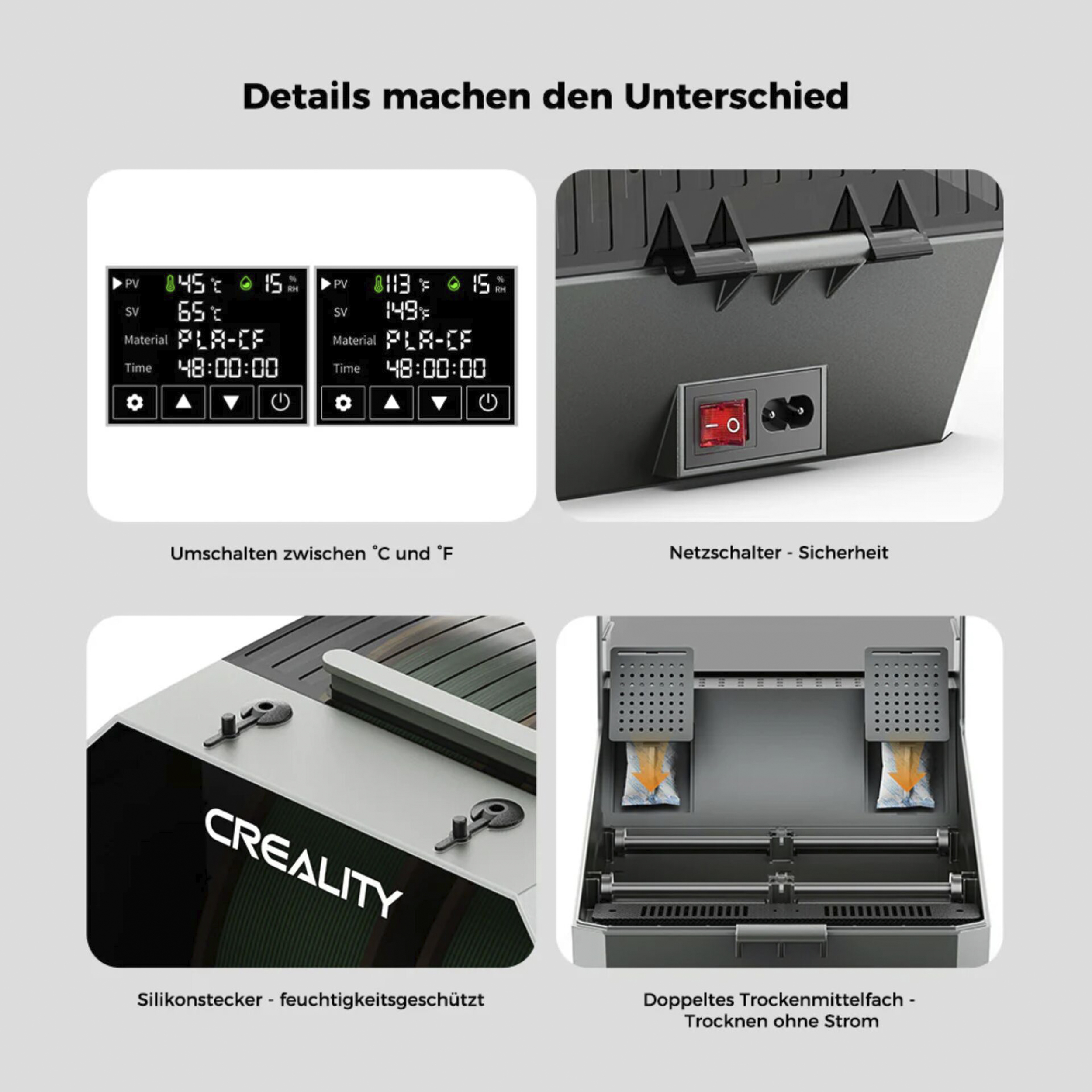 Vier Detailansichten eines Geräts: Displays, Netzschalter, Silikonstecker und Trockenmittelfach.