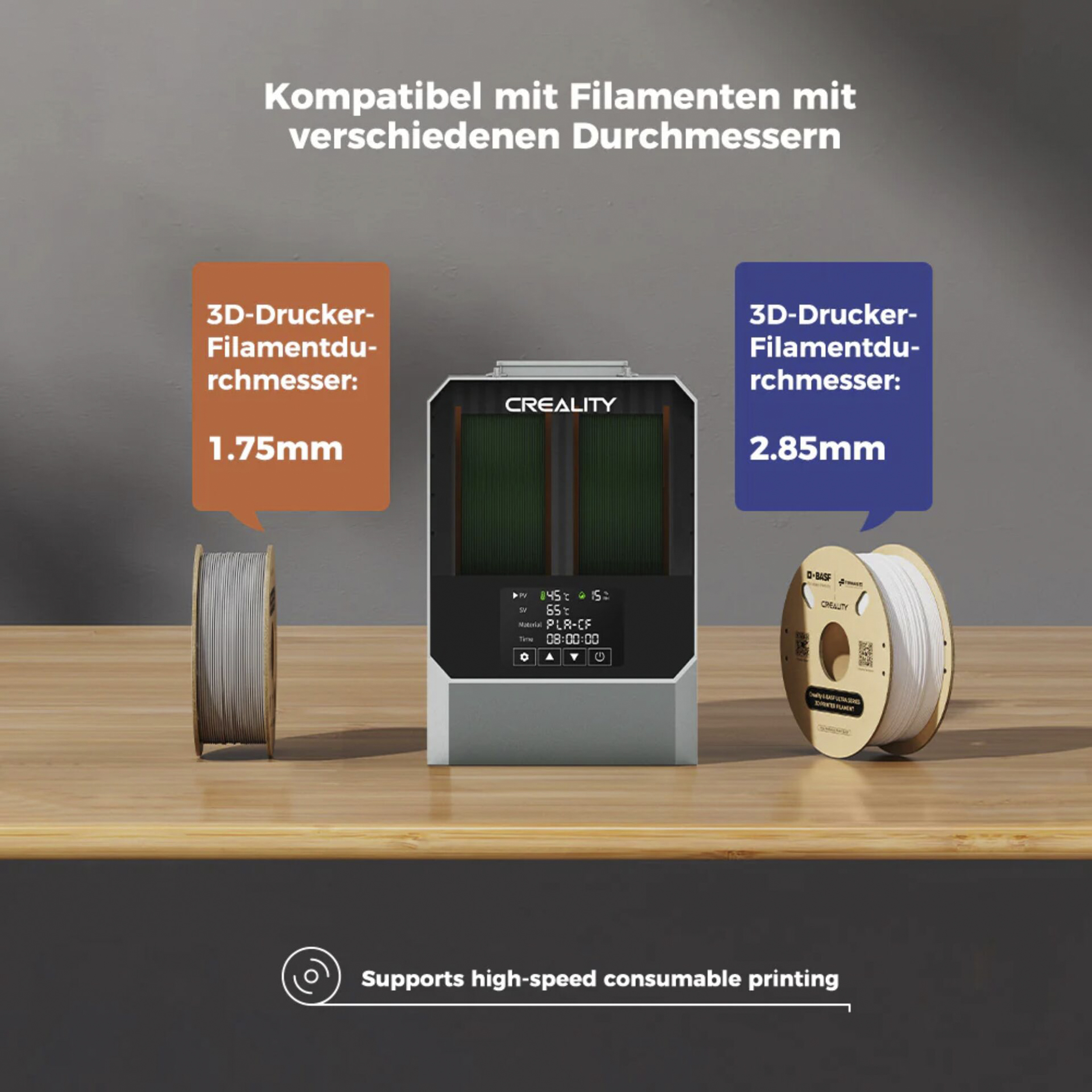 3D-Drucker mit Filamenten für 1,75mm und 2,85mm. Unterstützt schnellen Verbrauch.