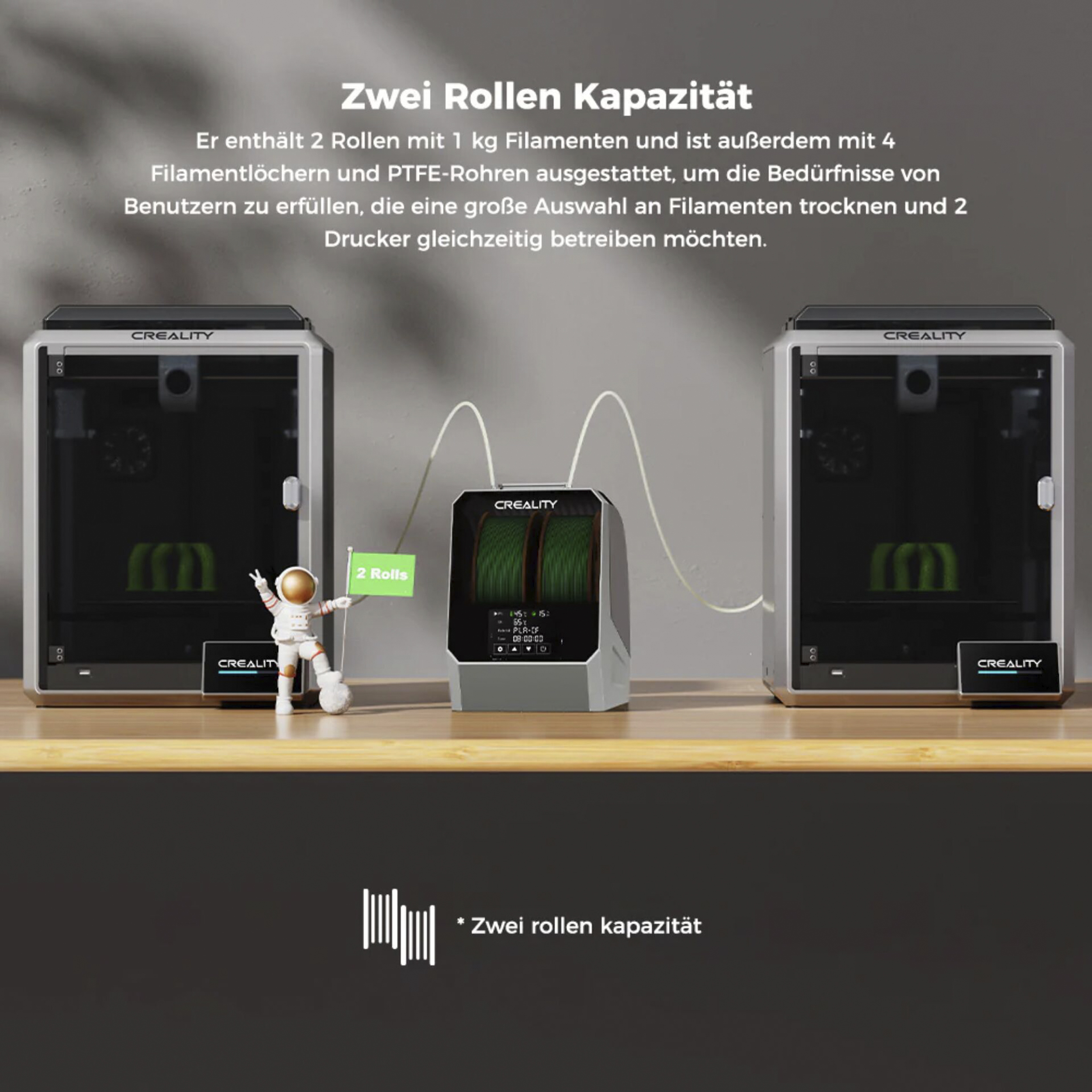 Zwei Trockner mit Filamentrollen, ein Astronaut und ein Bildschirm.