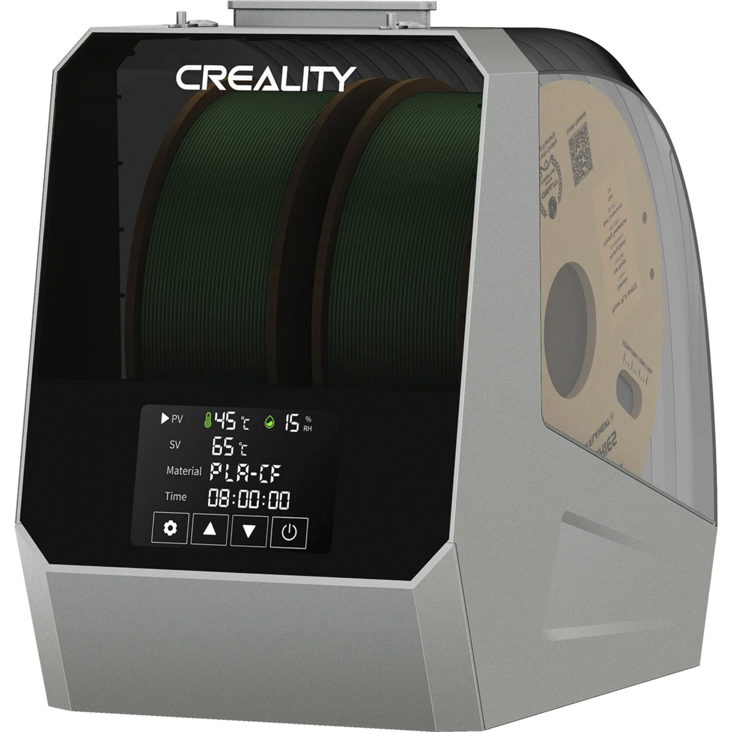 Creality-Gerät mit zwei Spulen grünen Filaments, Digitalanzeige zeigt Temperatur, Luftfeuchtigkeit und Zeit.