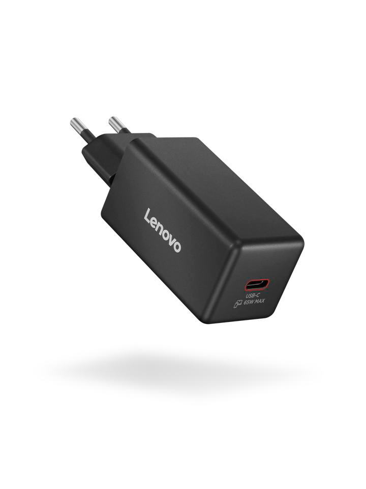 Schwarzer Lenovo USB-C 65W Netzstecker mit zwei Pins.