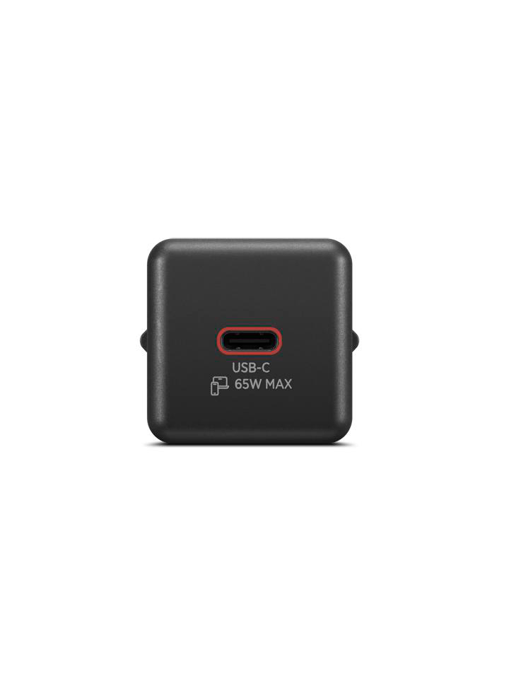Schwarzer USB-C Ladeadapter mit 65W Max Angabe.