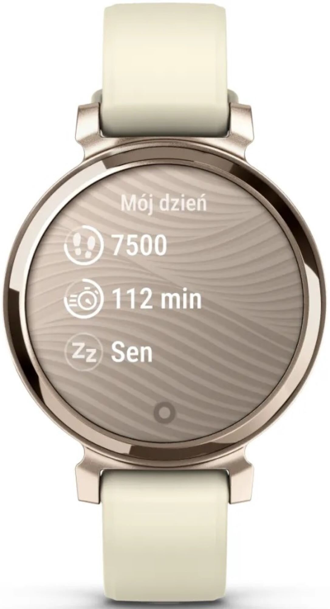 Smartwatch z beżowym paskiem i okrągłym wyświetlaczem pokazuje dane fitness.