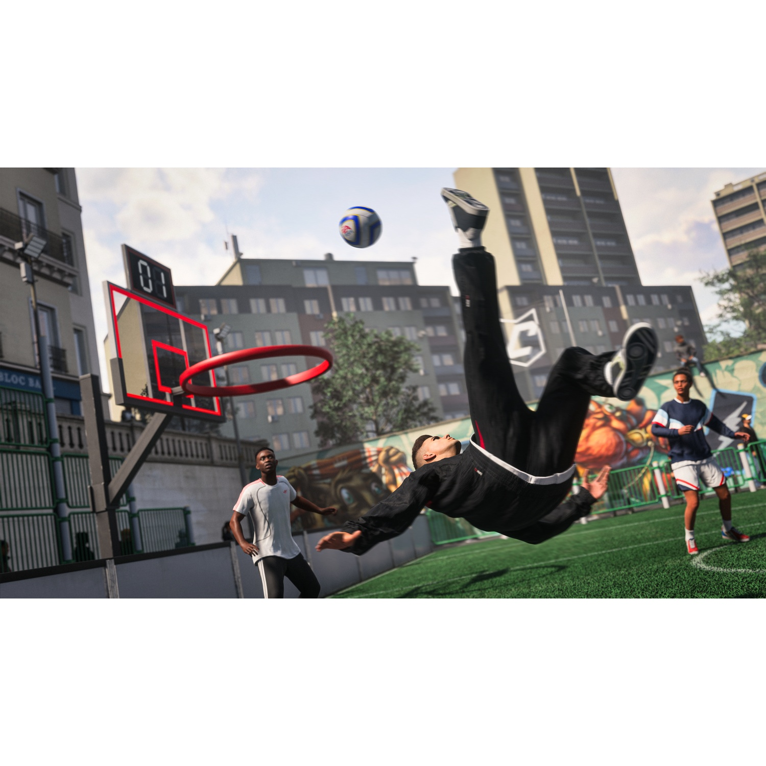 Soccer player performs a bicycle kick on an urban court with a basketball hoop.