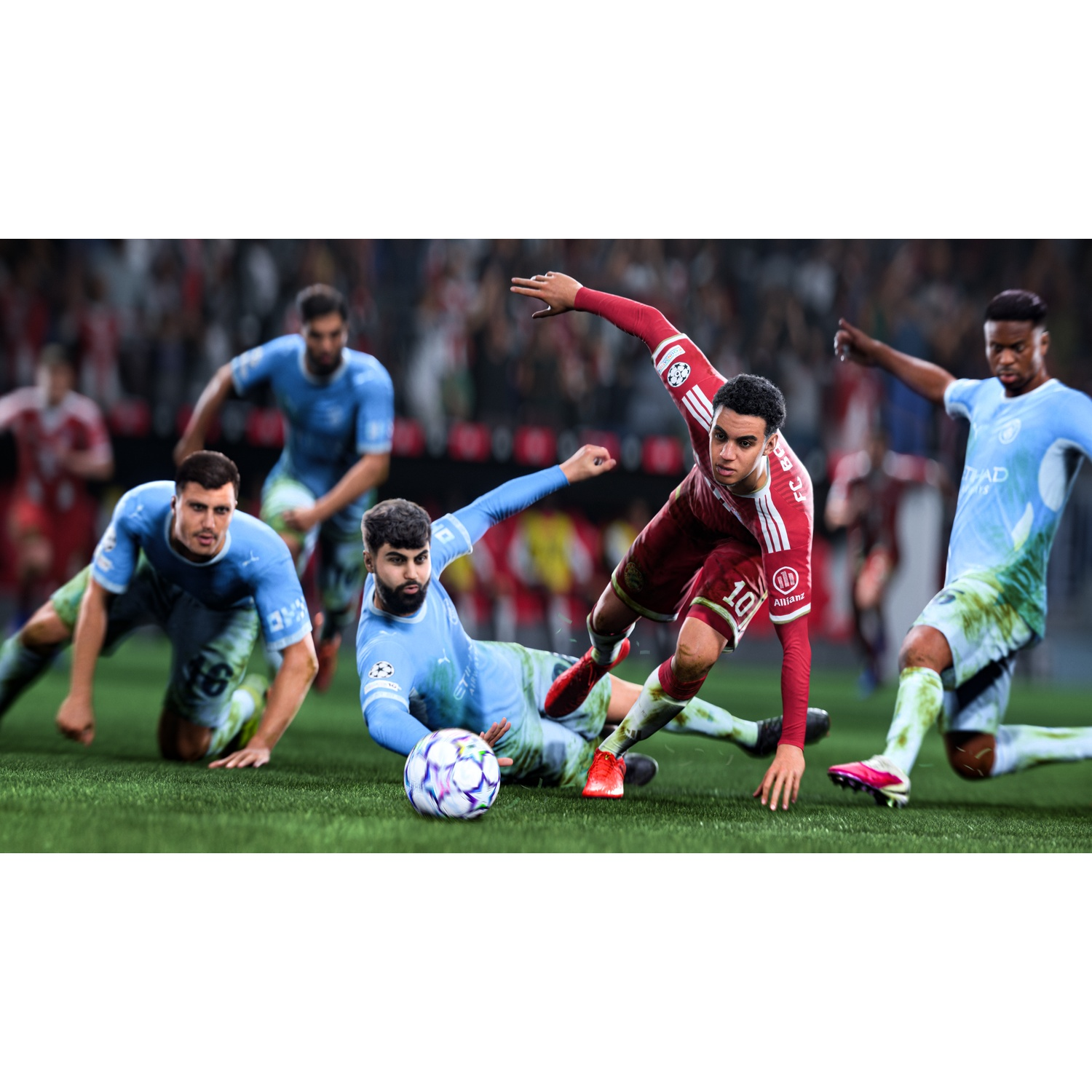 Soccer players in red and blue kits battle for the ball on a grass field.