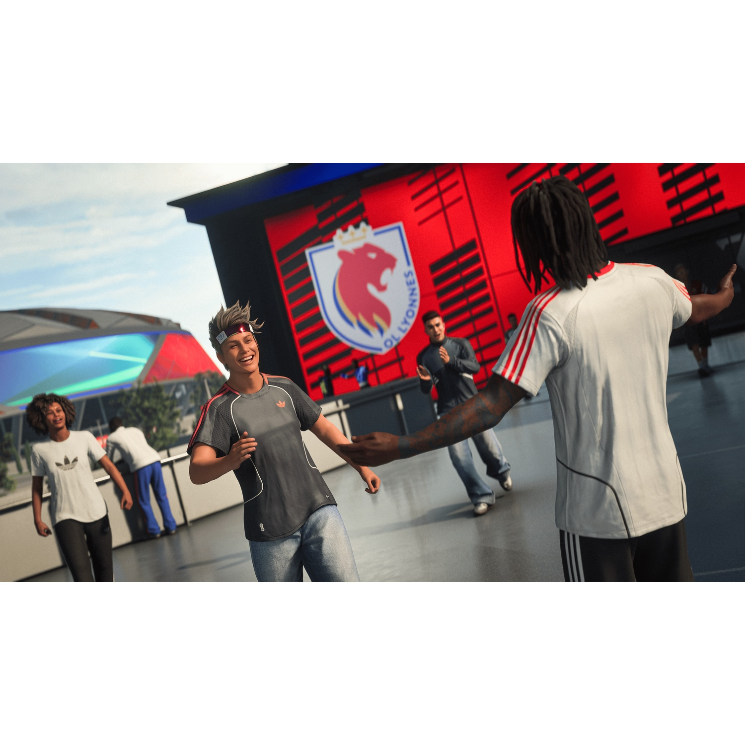 People dance in front of a large red screen with a lion crest.