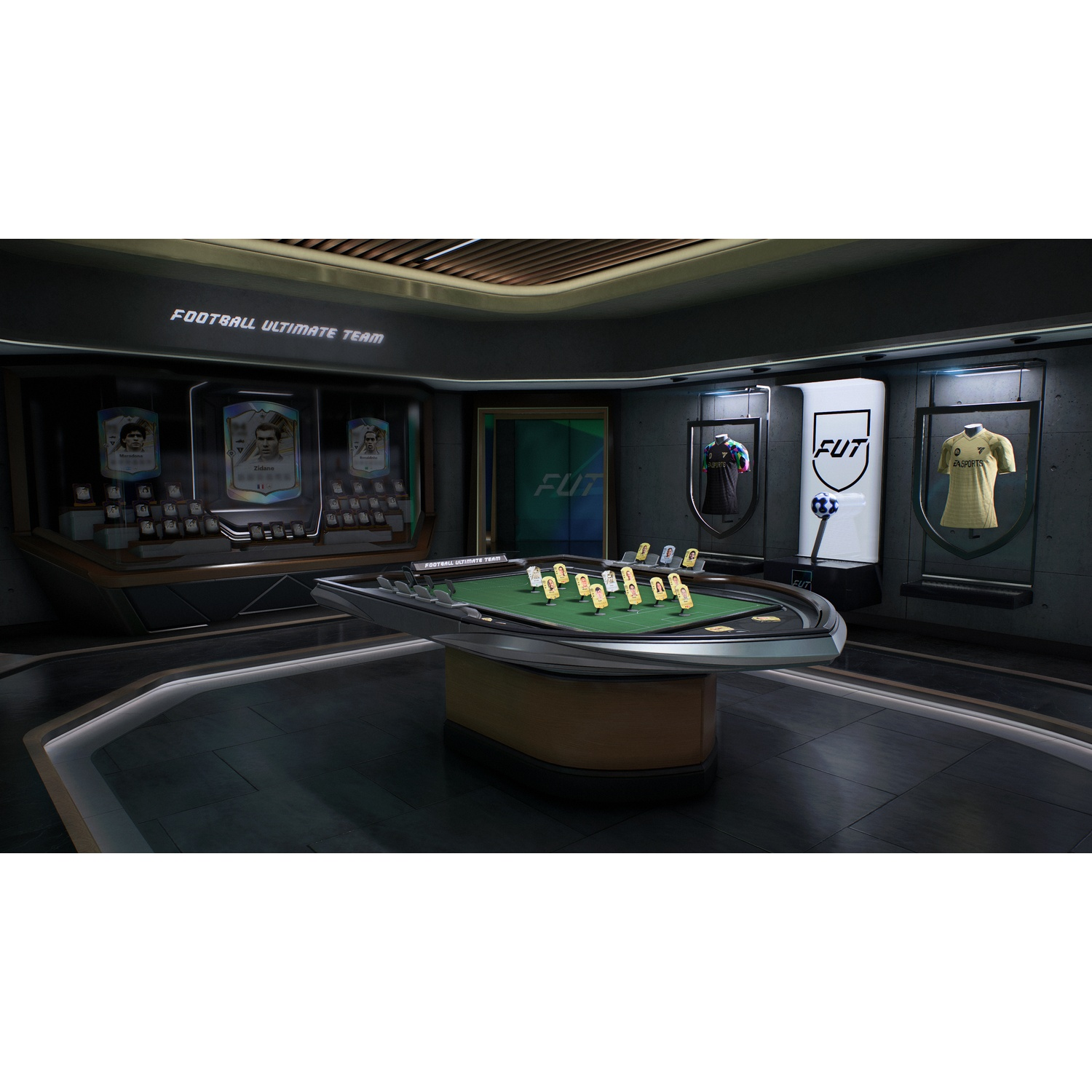Fut room with poker table, player cards, jerseys, and soccer ball.