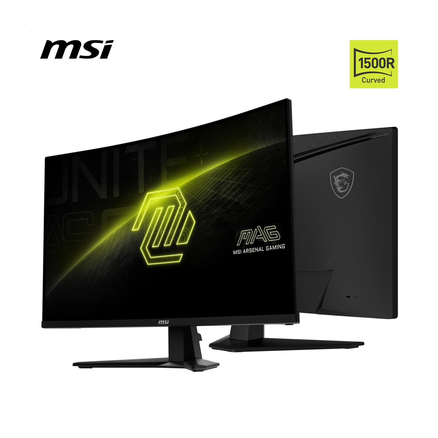 Due monitor gaming MSI neri, uno davanti, uno dietro. 1500R.