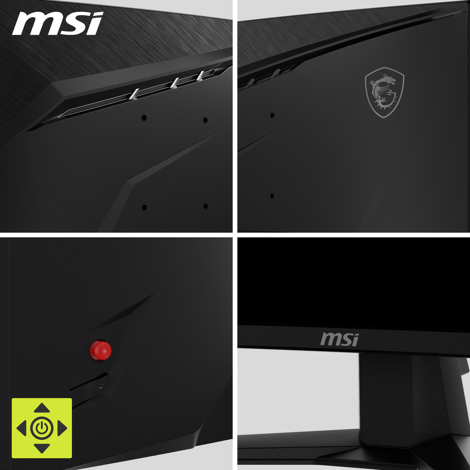 Quattro primi piani di un monitor MSI nero con logo e controlli.