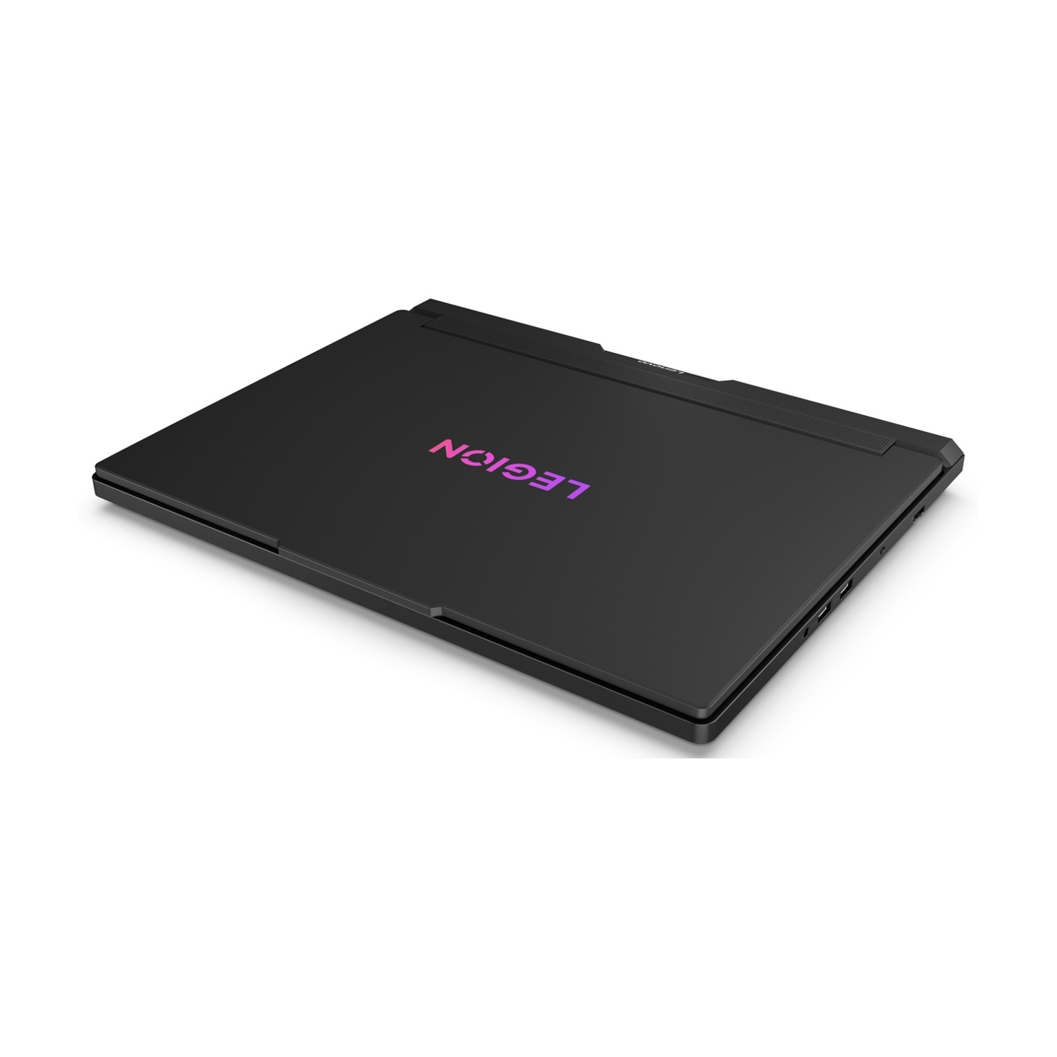 Laptop nero chiuso con logo viola "LEGION".