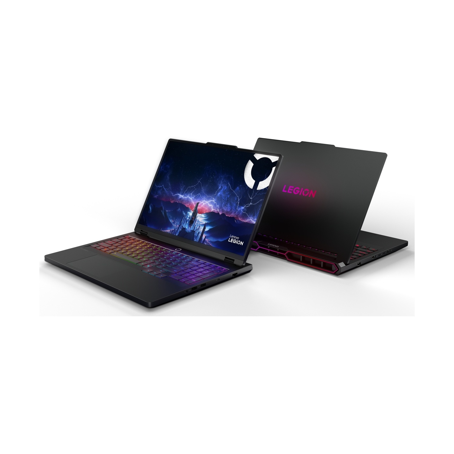 Due laptop neri Lenovo Legion. Uno aperto, tastiera arcobaleno e schermo tempestoso.
