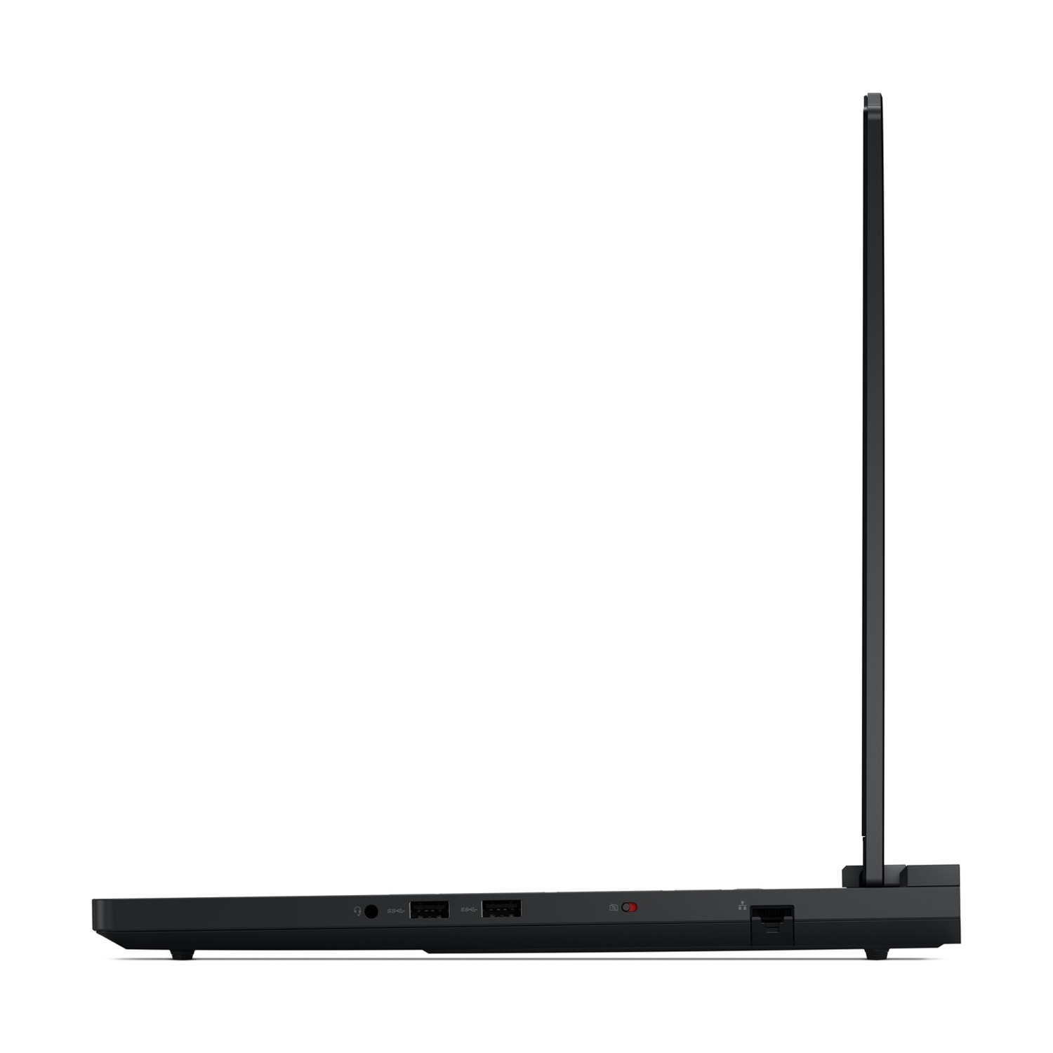 Vista laterale di un laptop nero aperto, che mostra le porte sul lato.