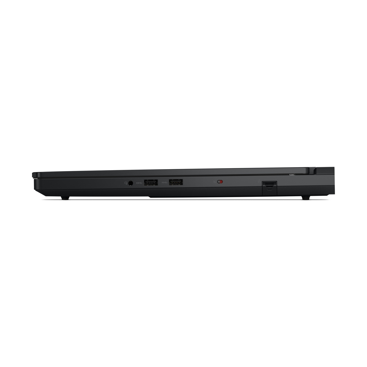 Vista laterale di un laptop nero con porte USB, jack per cuffie e pulsante di accensione.