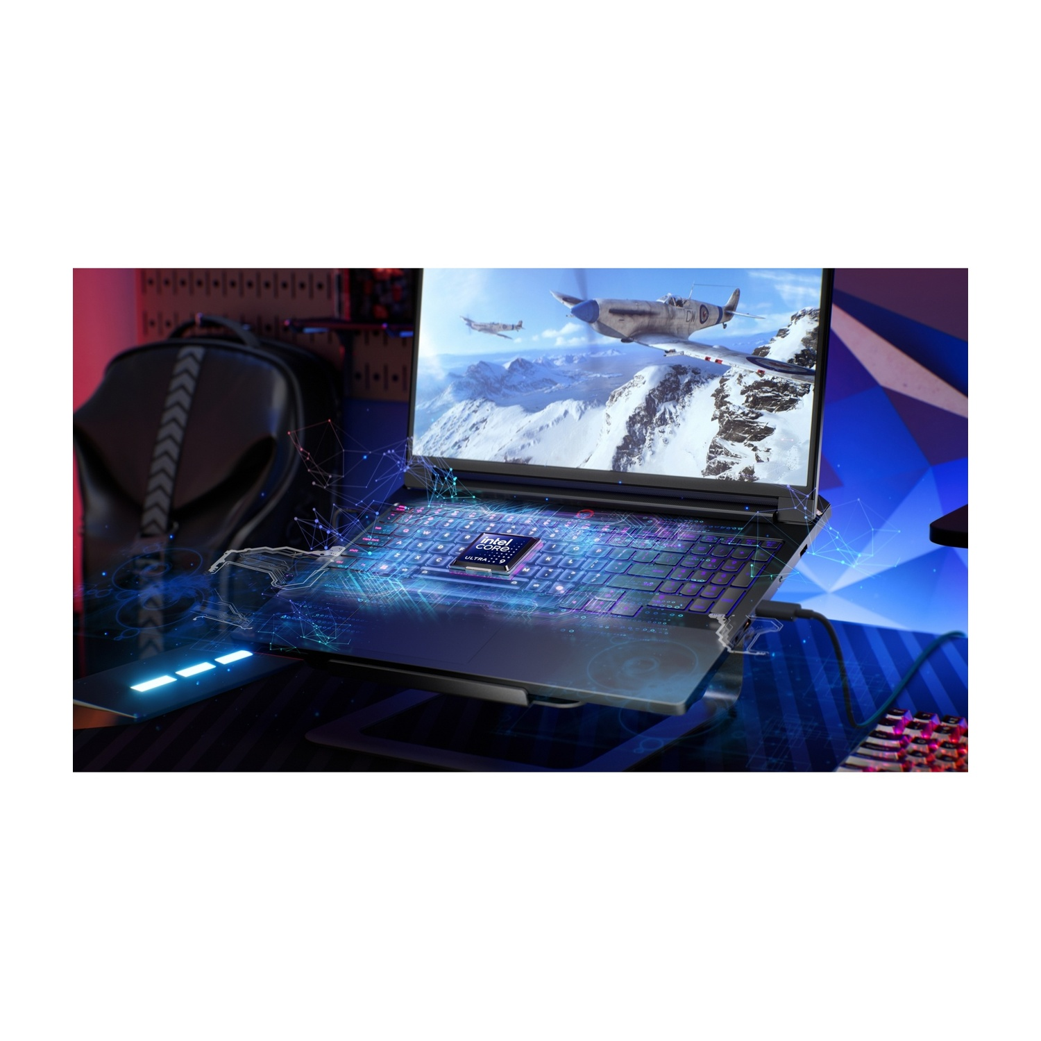 Un laptop mostra un gioco di aerei, la tastiera è illuminata con luci colorate.