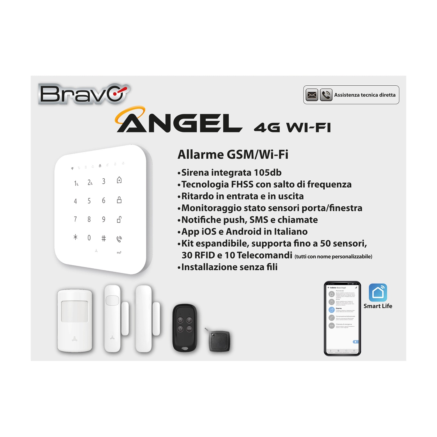Un sistema di allarme Bravo Angel 4G Wi-Fi con tastiera, sensori, telecomandi e app.