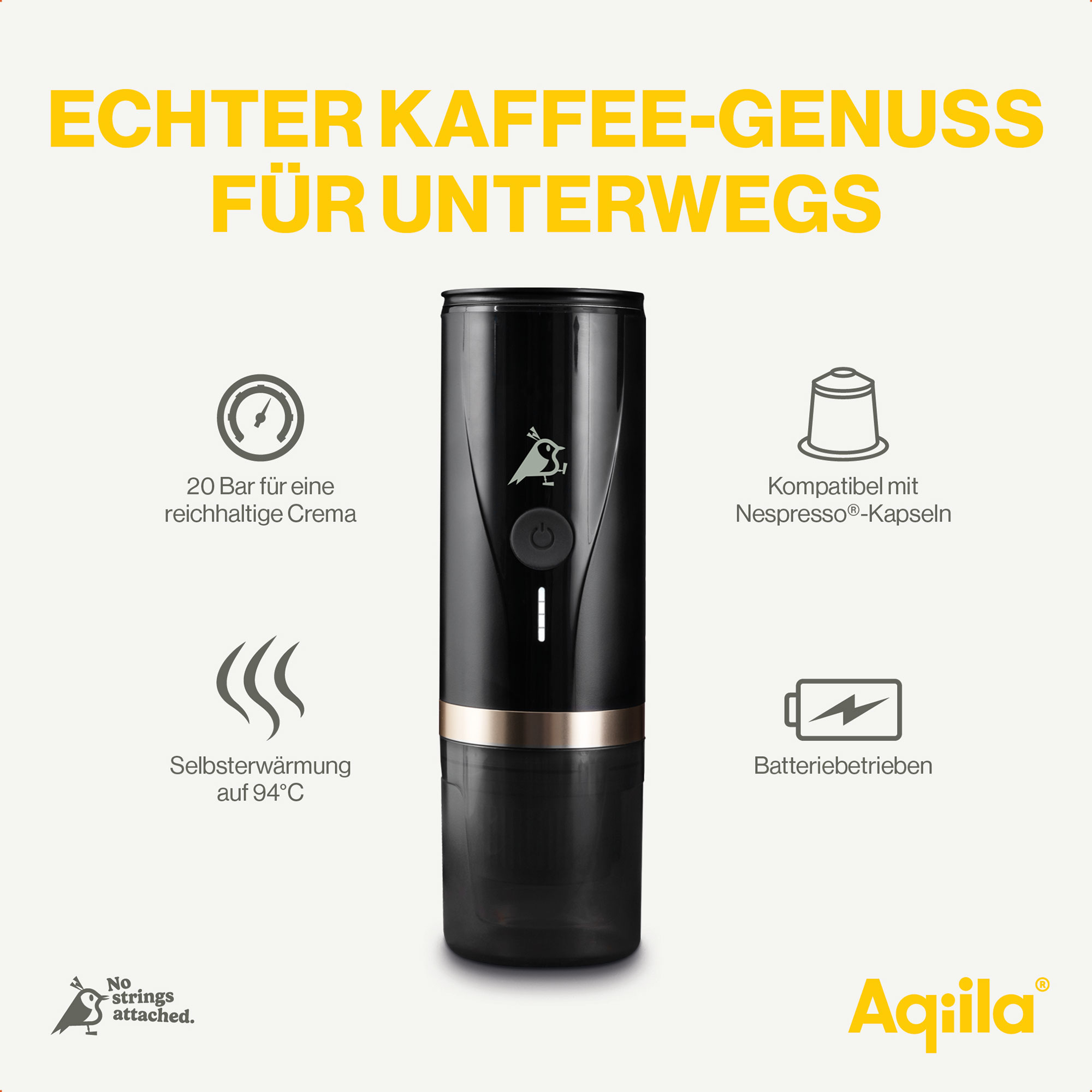 Schwarzer Kaffee-Genuss für unterwegs mit 20 Bar, 94°C, Nespresso-Kapseln, batteriebetrieben.