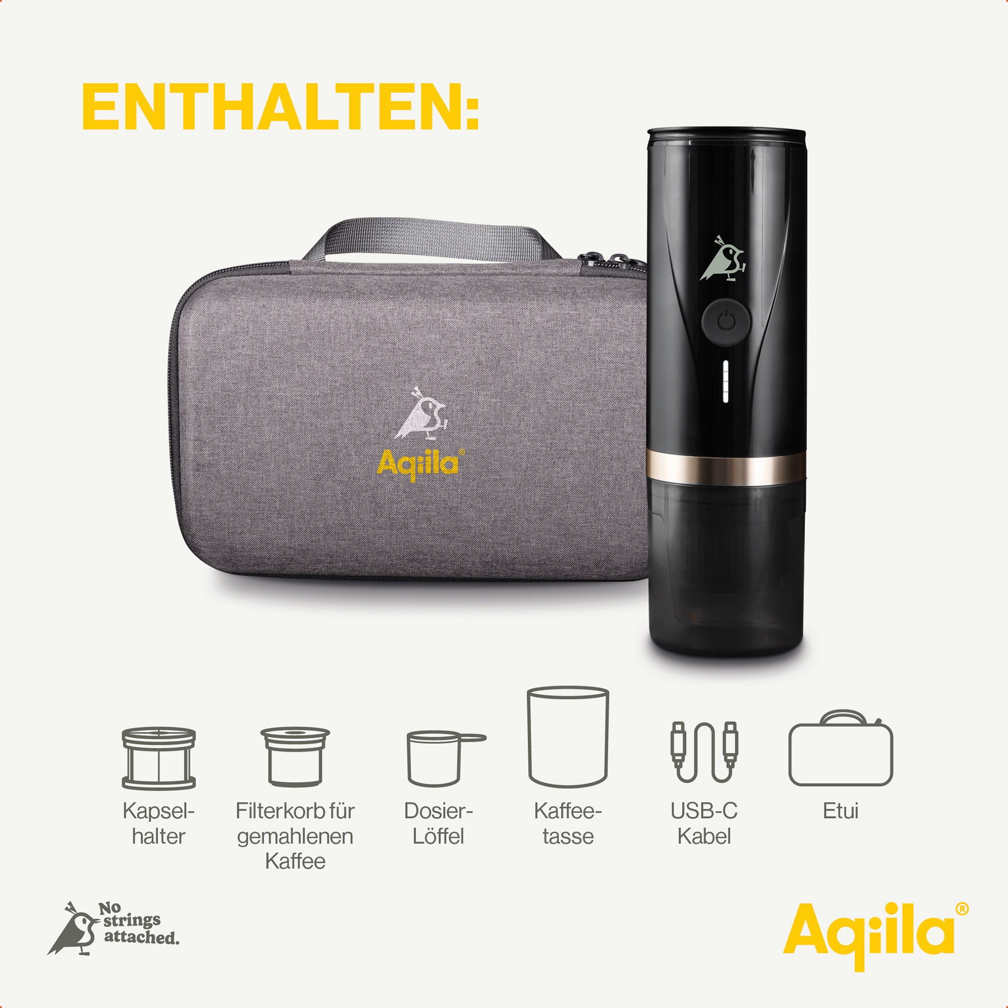 Enthalten: Kapselhalter, Kaffeefilter, Löffel, Tasse, USB-C-Kabel, Etui.