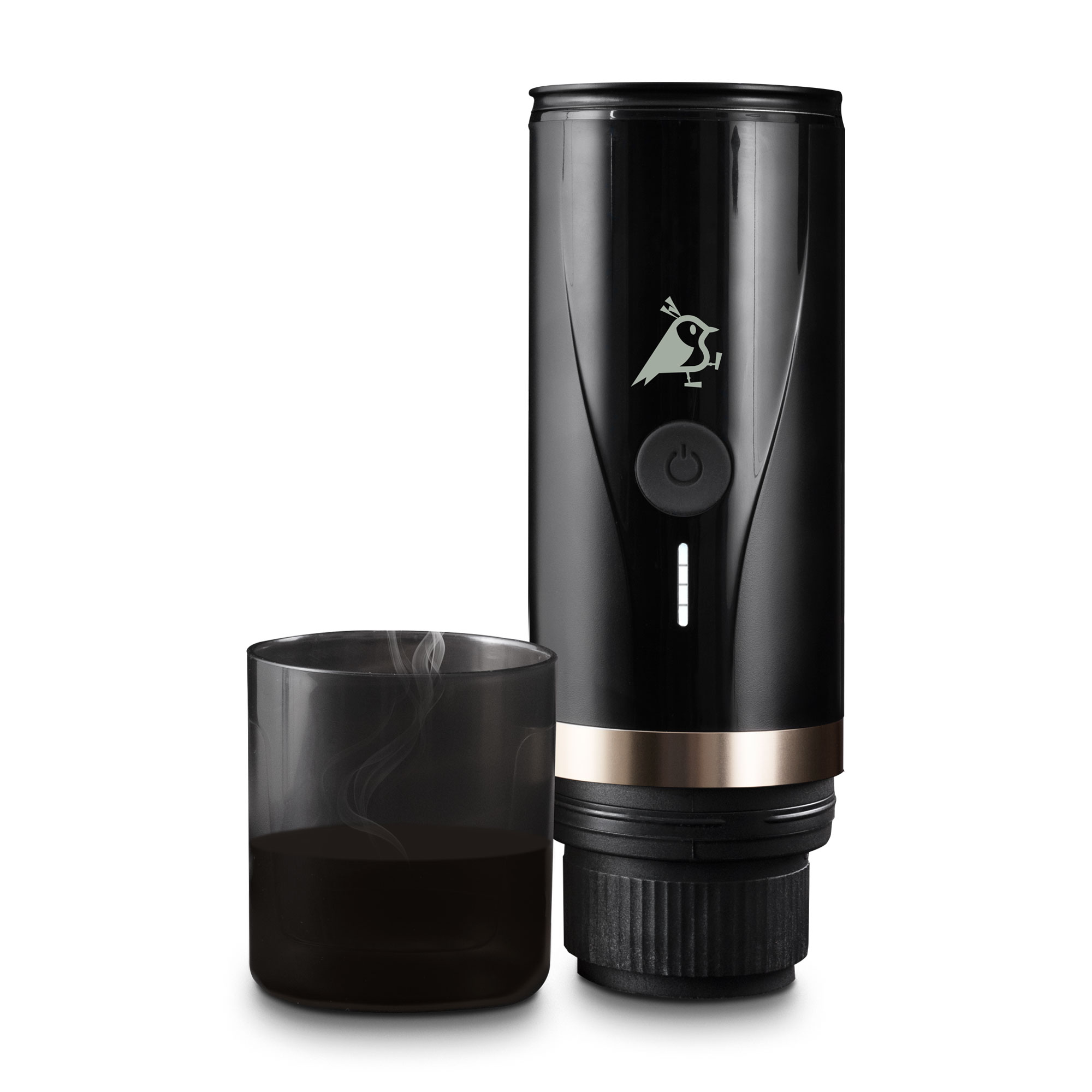 Schwarzer Kaffeevollautomat mit Vogel-Logo und Glas neben einem Glas Kaffee.