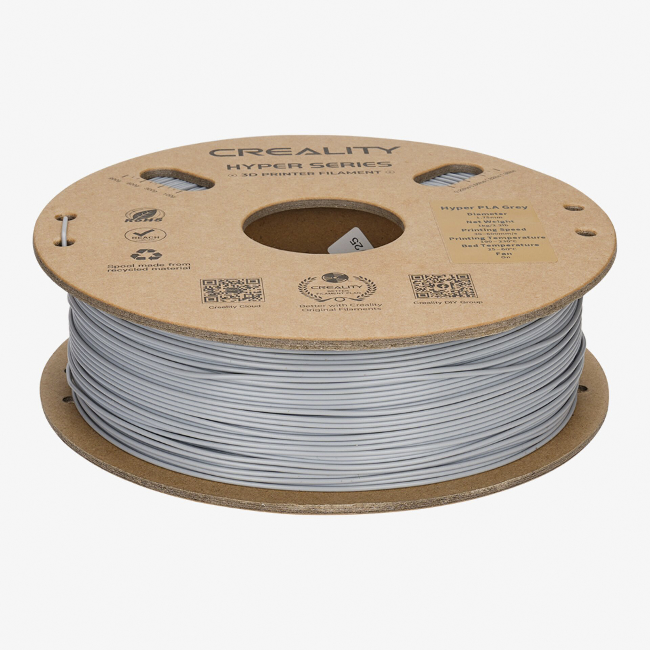 Eine Spule aus grauem 3D-Druckerfilament von Creality Hyper Series.